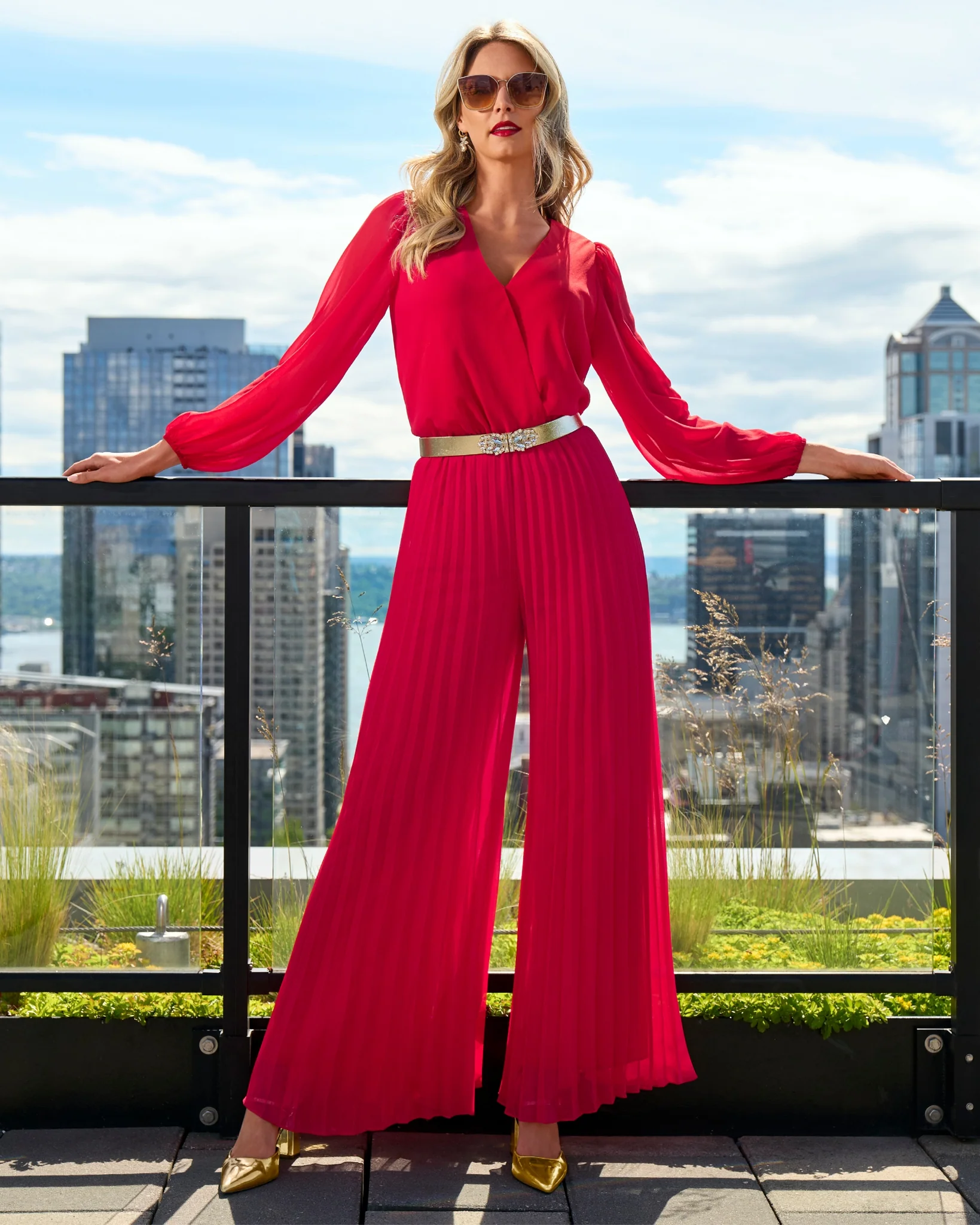 Long Sleeve Pleated Wide Leg Jumpsuit Tomato Red - Mycitystee