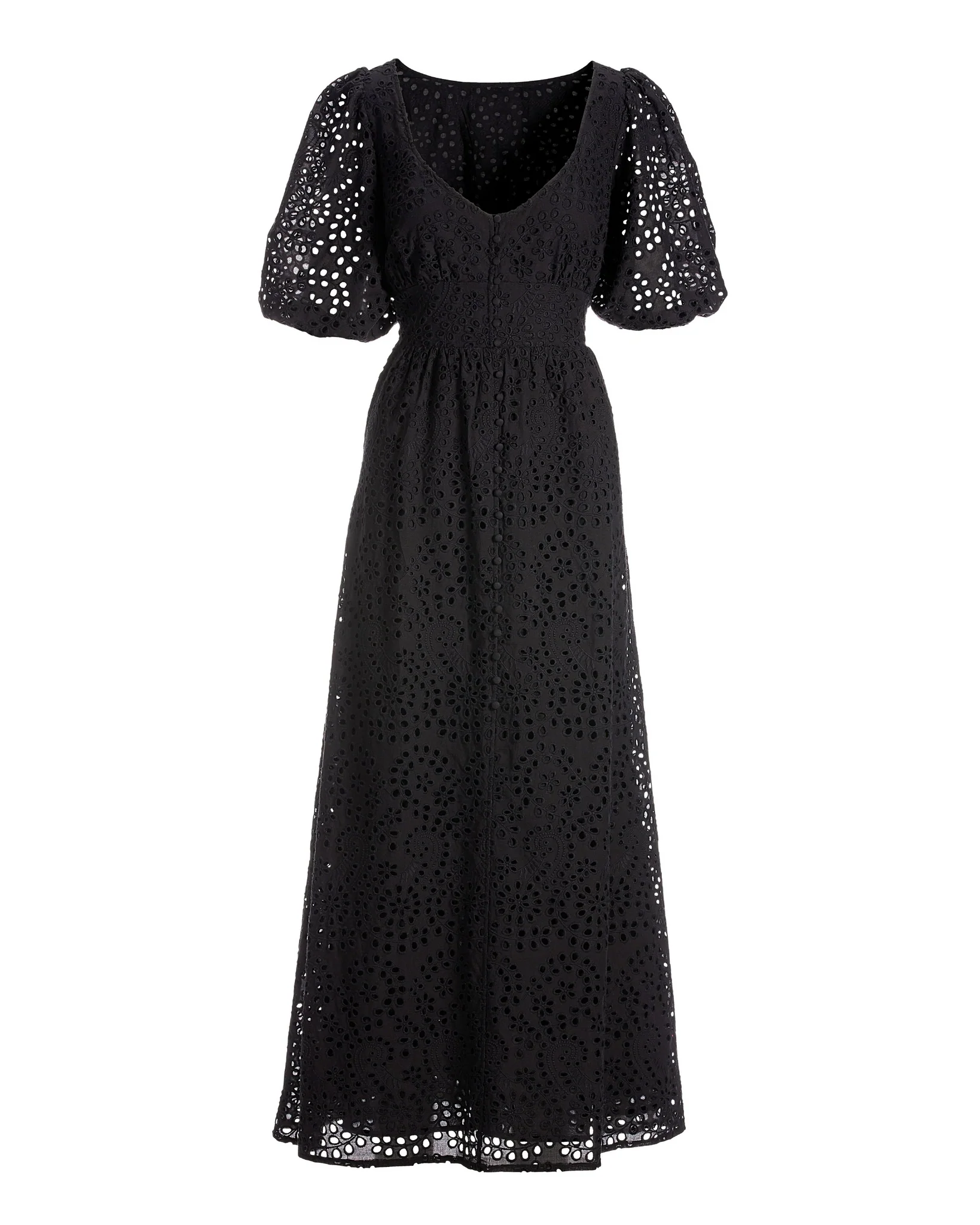 Eyelet Covered-Button Maxi Dress Black - Mycitystee
