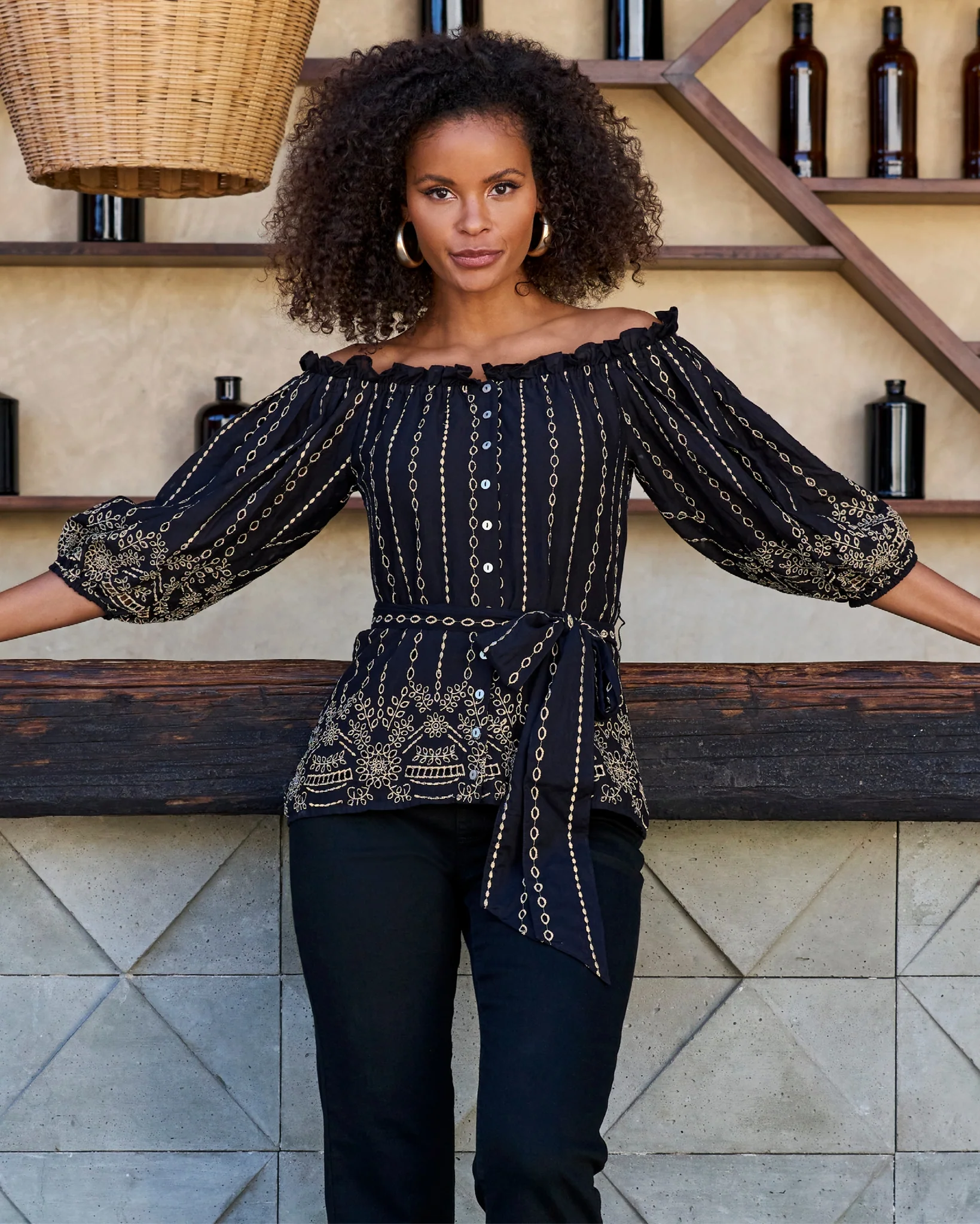 Metallic Eyelet Off The Shoulder Blouse Black/Gold - Mycitystee