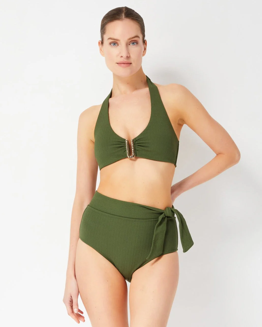 Side Tie High Waist Bottom Olive Texture - Mycitystee