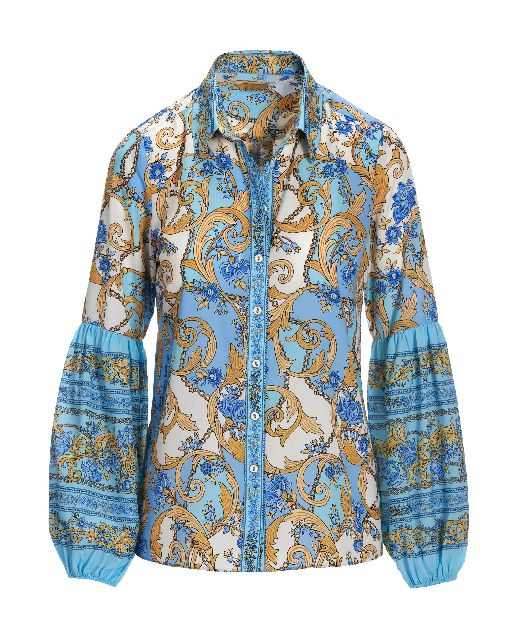 Regal Resort Print Puff Sleeve Shirt Blue/Gold - Mycitystee