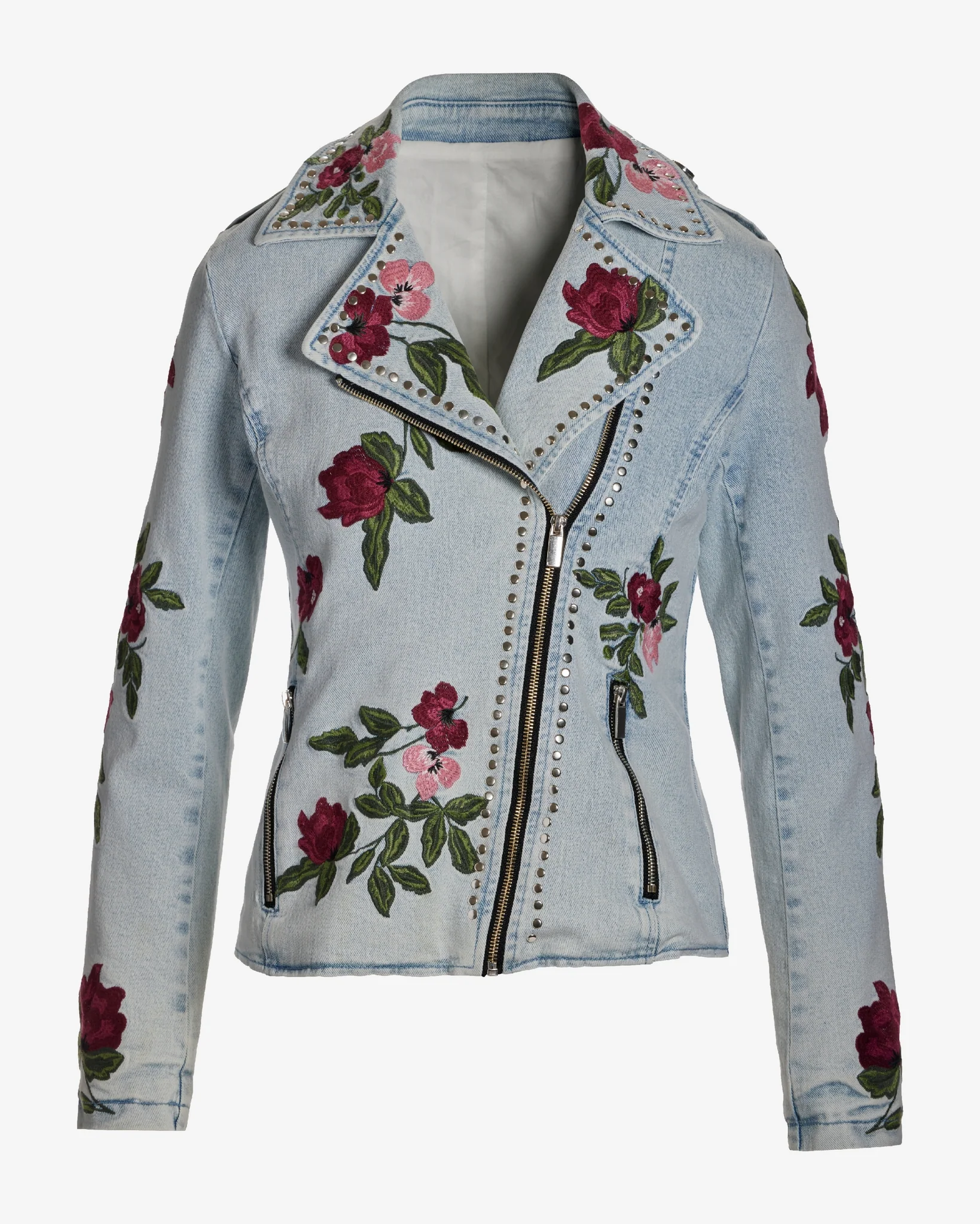 Floral Embroidered Studded Denim Moto Jacket Light Wash - Mycitystee