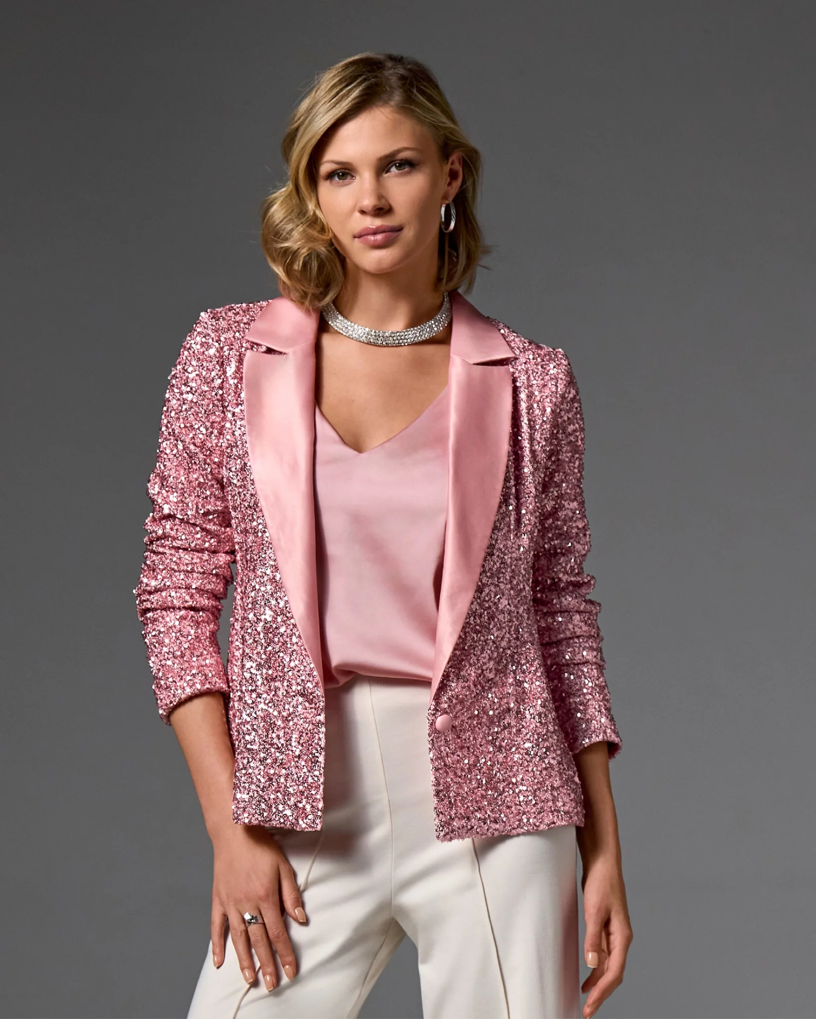 Satin Collar Ruched Sleeve Sequin Blazer Coral Blush - Mycitystee