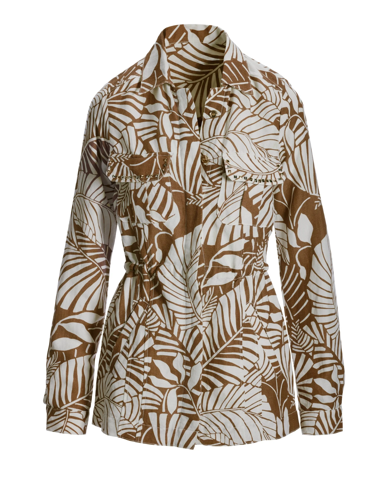 Outlined Florals Print Embellished Linen Utility Jacket Brown/White - Mycitystee