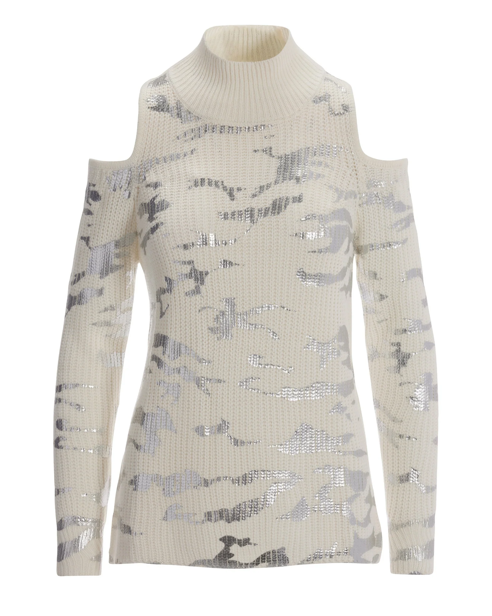 Foil Camo Cold-Shoulder Sweater Off White Silver - Mycitystee