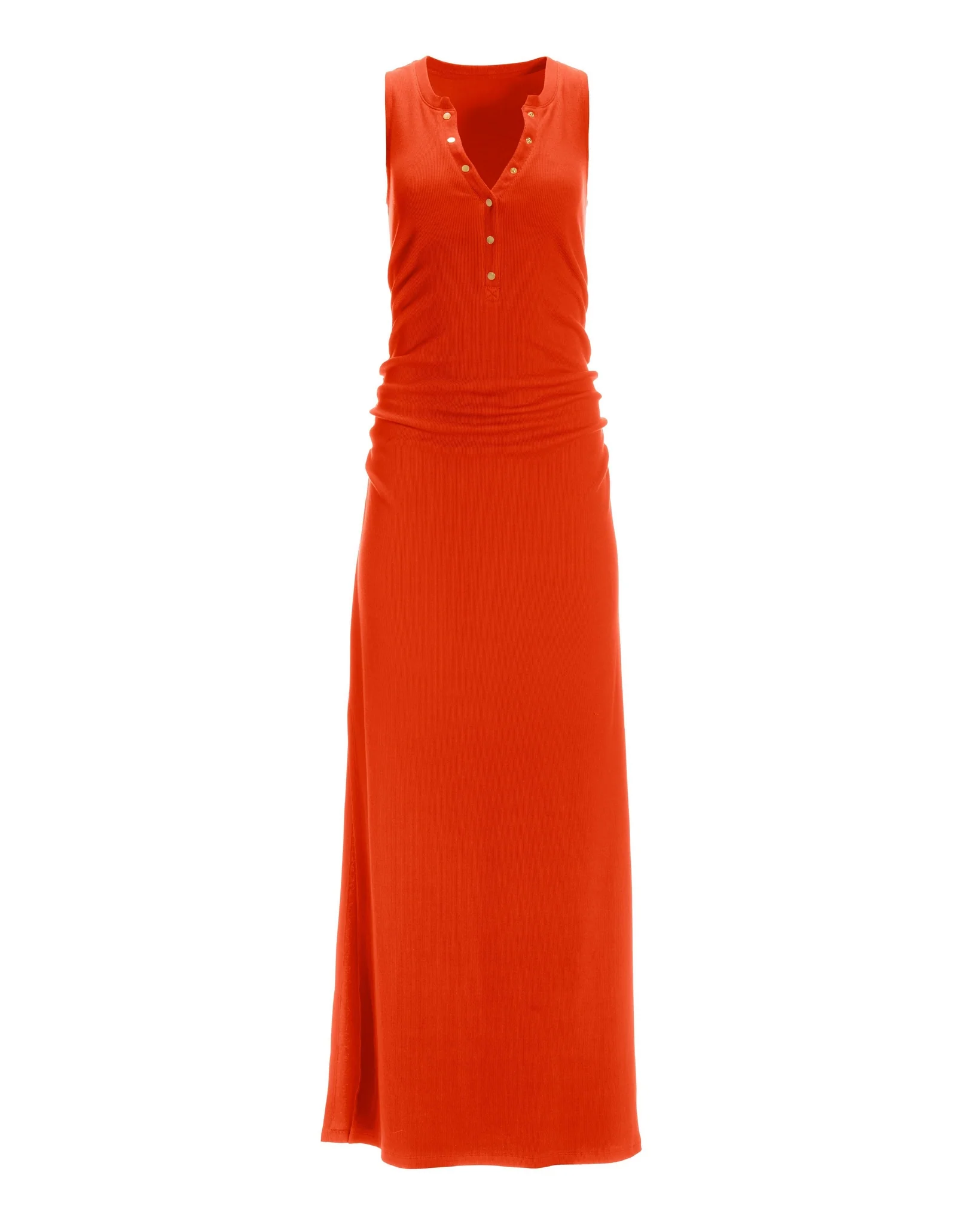 Ribbed Knit Henley Ruched Maxi Dress Spicy Orange - Mycitystee