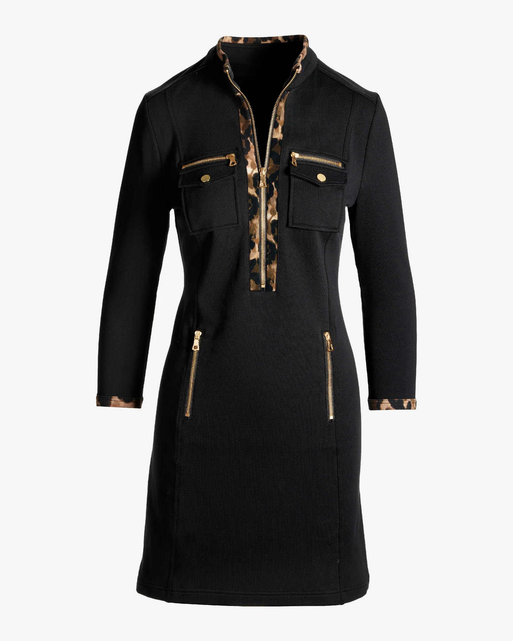 Chic Zip Printed Long Sleeve Dress Cheetah Spots - Mycitystee