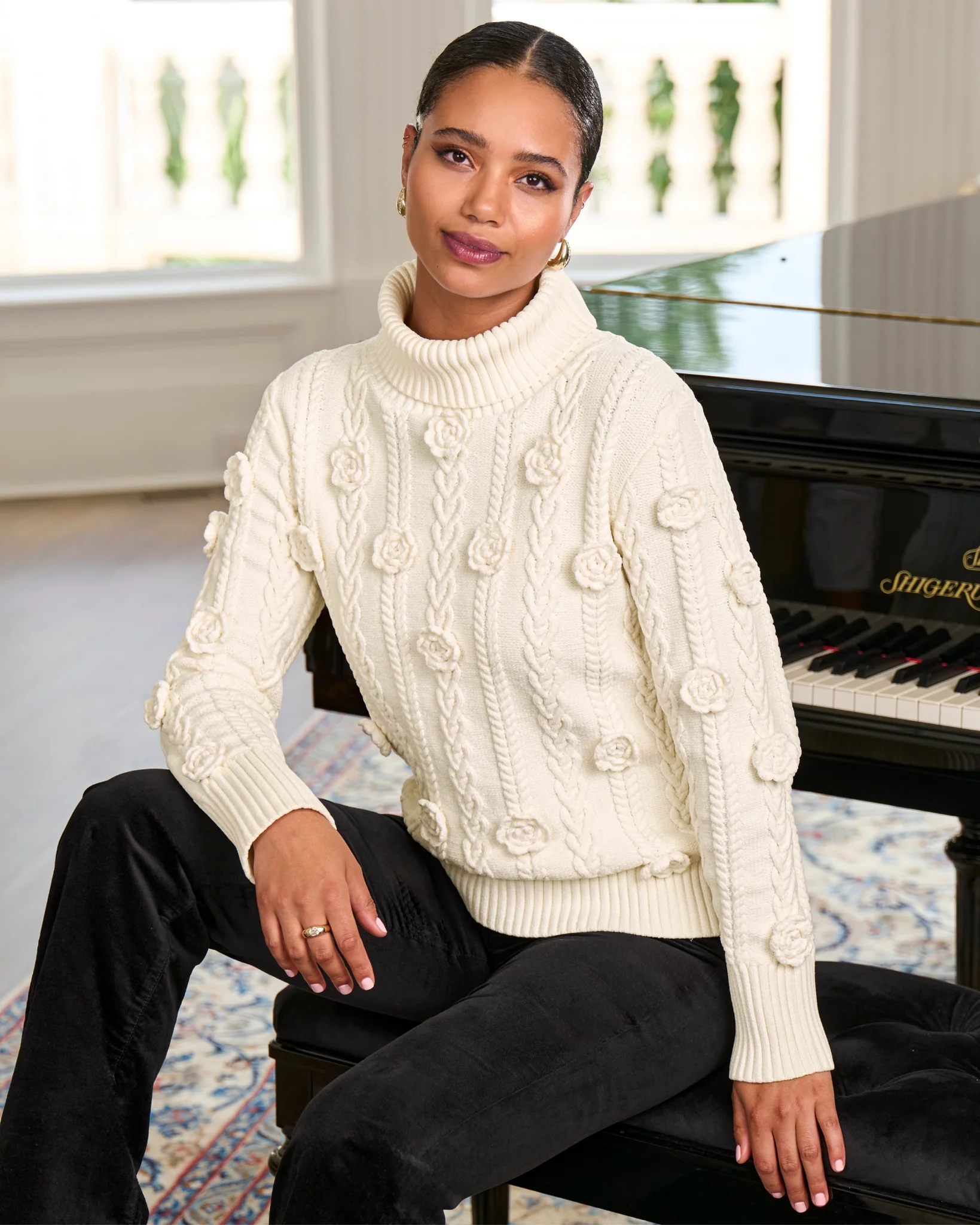 Chenille Rosette Cable Turtleneck Sweater Off White - Mycitystee