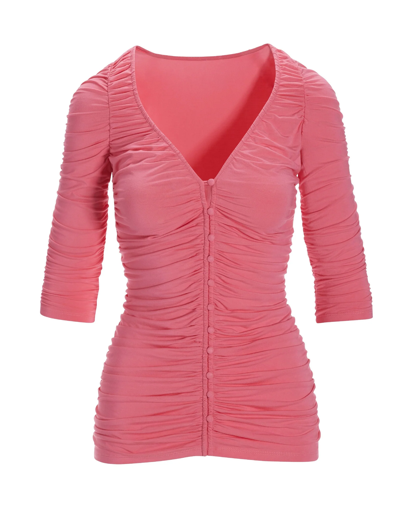 Ruched Covered-Button V-Neck Knit Top Strawberry Pink - Mycitystee