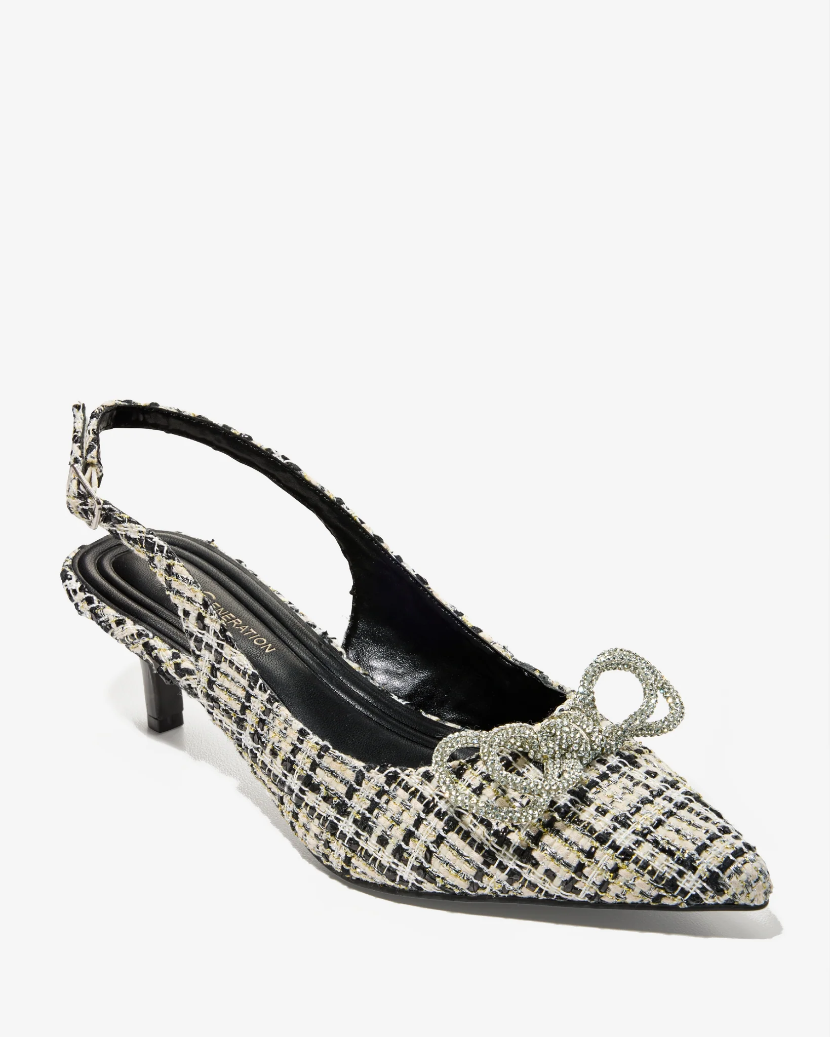 Bow Detail Tweed Sling-Back Kitten Heel Black Multi - Mycitystee