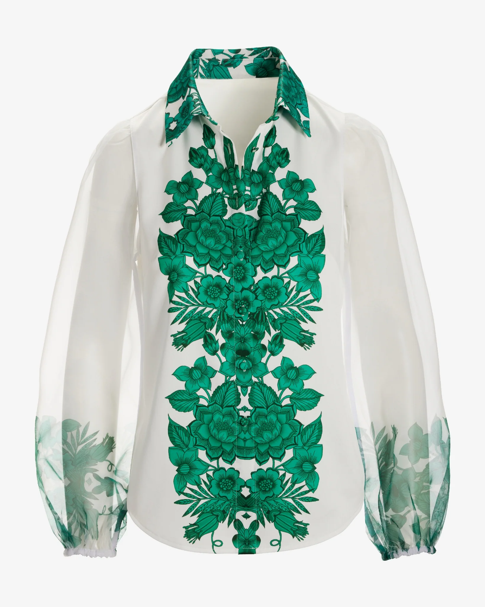 Printed Organza Sleeve Button Up Shirt Tropical Border - Mycitystee