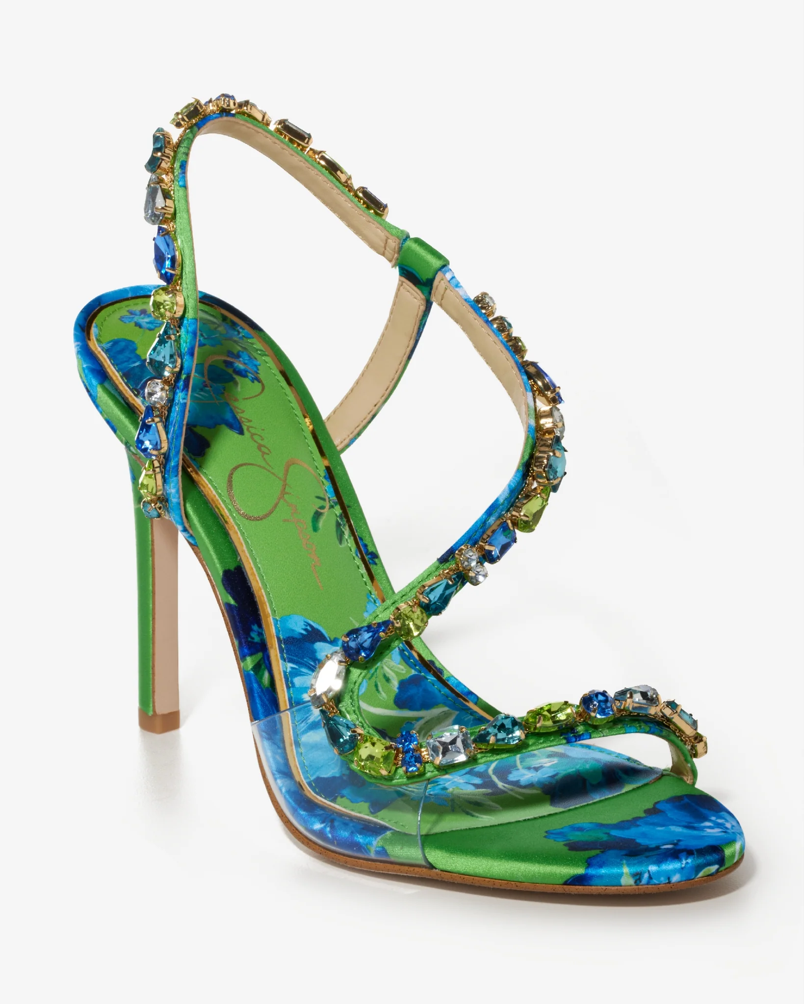 Print Embellished Strap Heel Green Multi - Mycitystee