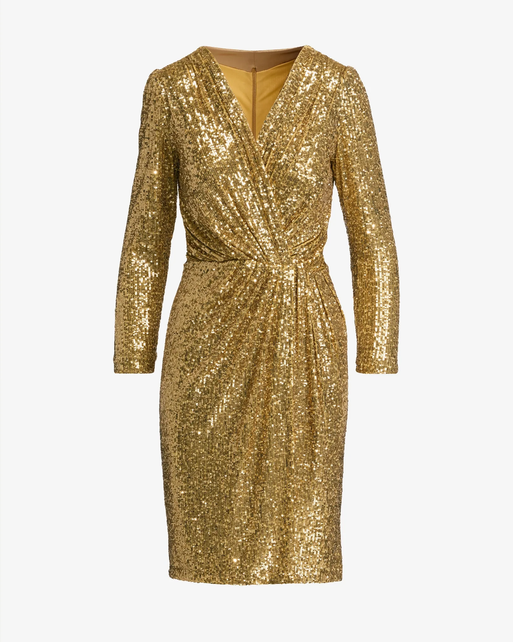 Sequin Long Sleeve V Neck A Line Dress Gold - Mycitystee