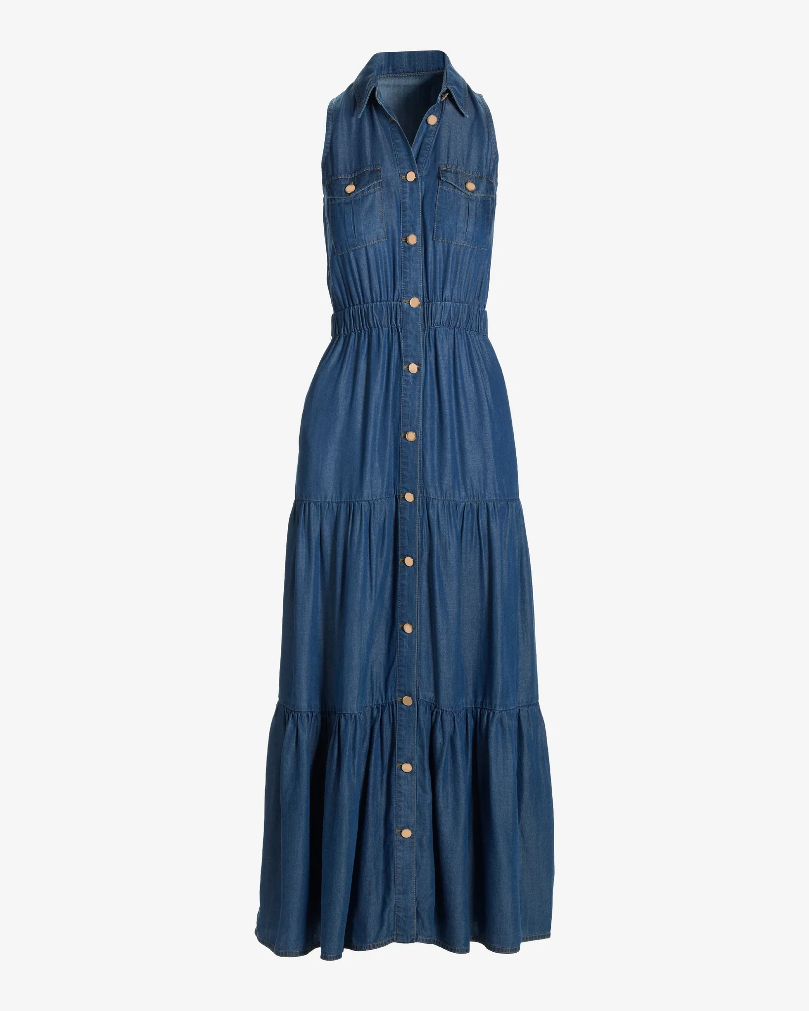 Luxe Chambray Button Up Tiered Maxi Dress Deep Blue - Mycitystee