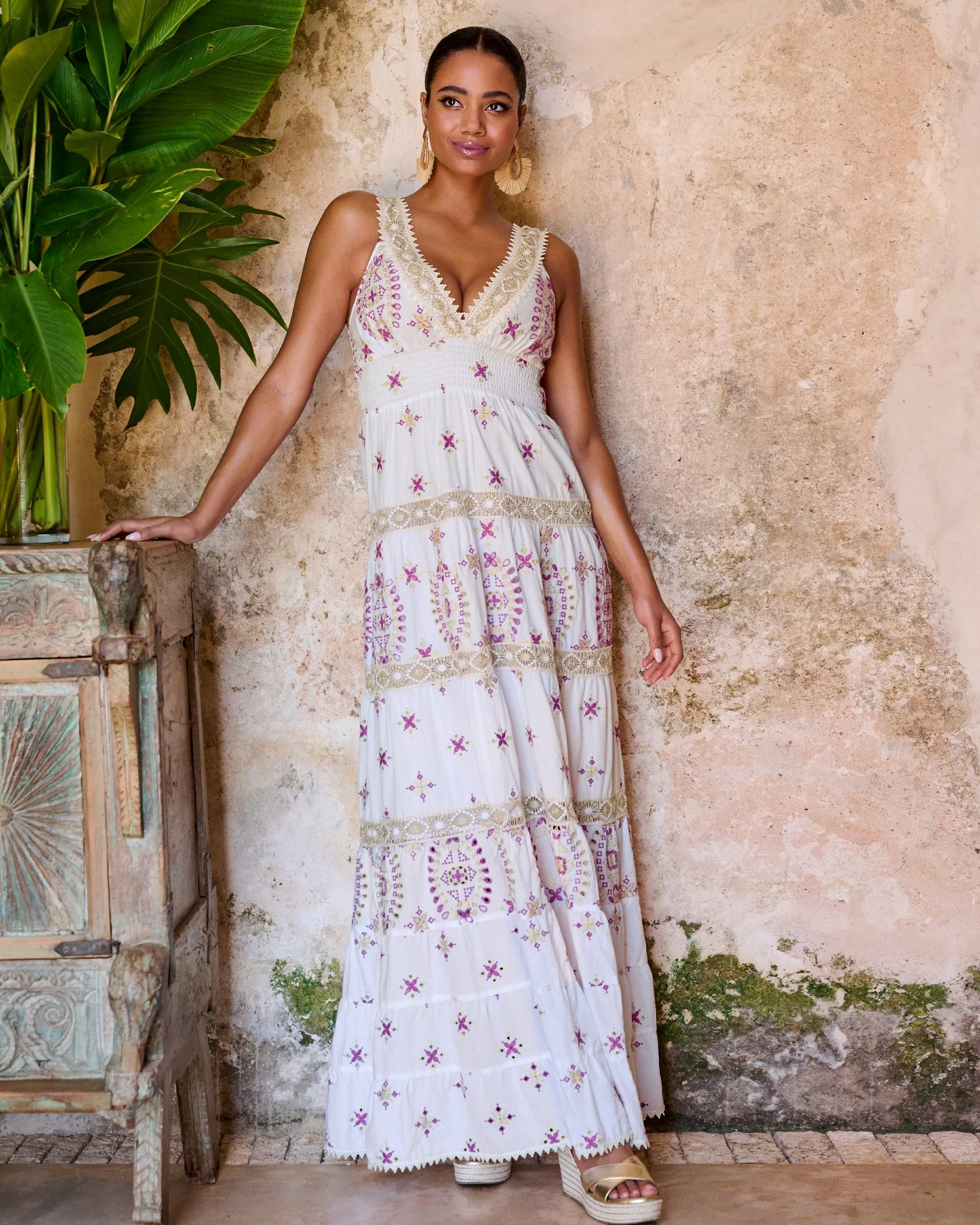 Metallic Lace-Inset Eyelet Maxi Dress White/Purple Multi - Mycitystee