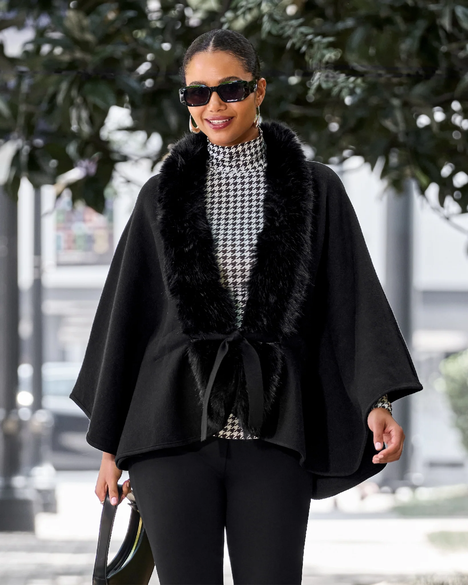 Faux Fur Tie Waist Poncho Black - Mycitystee