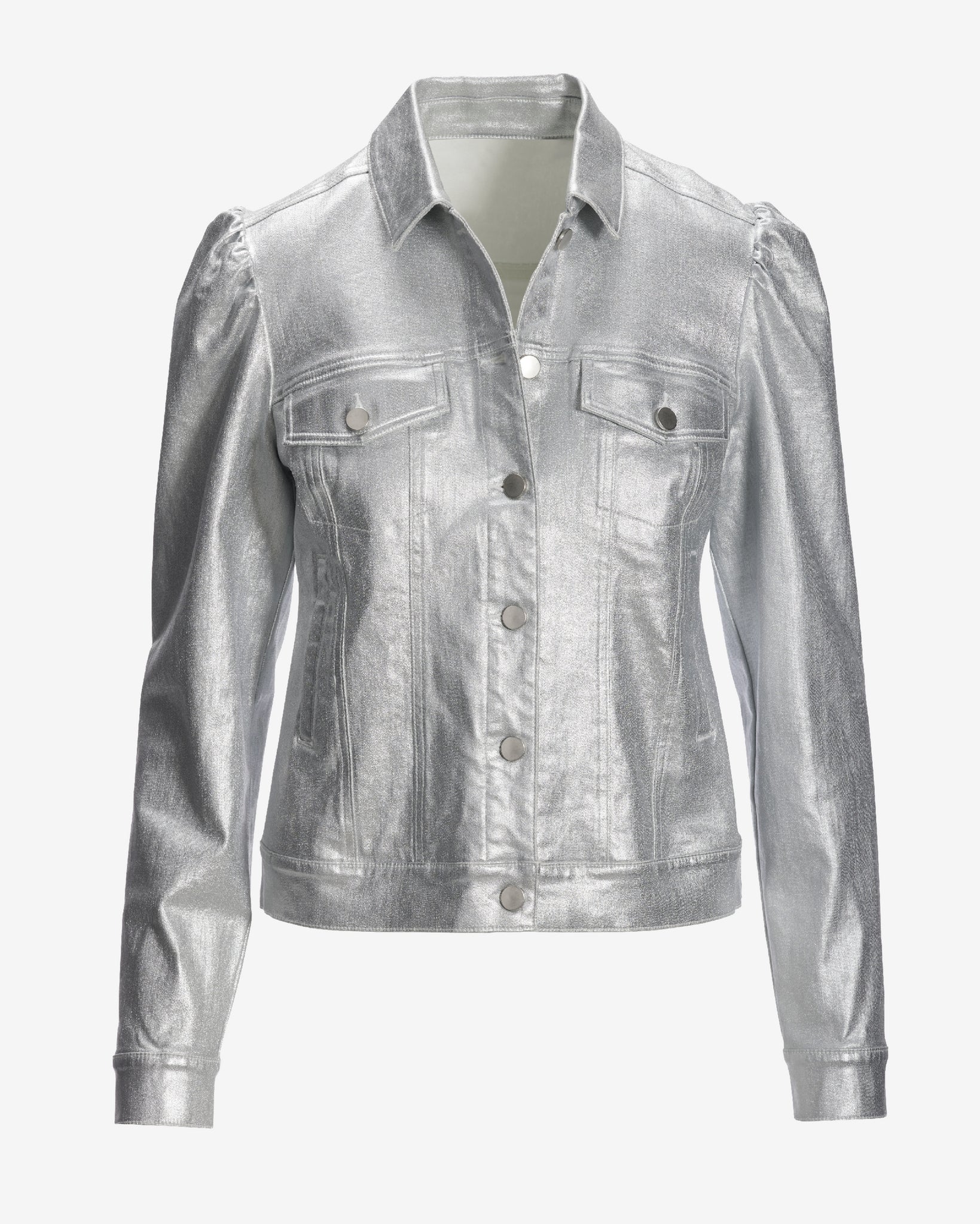Coated Denim Puff Sleeve Jacket Silver - Mycitystee