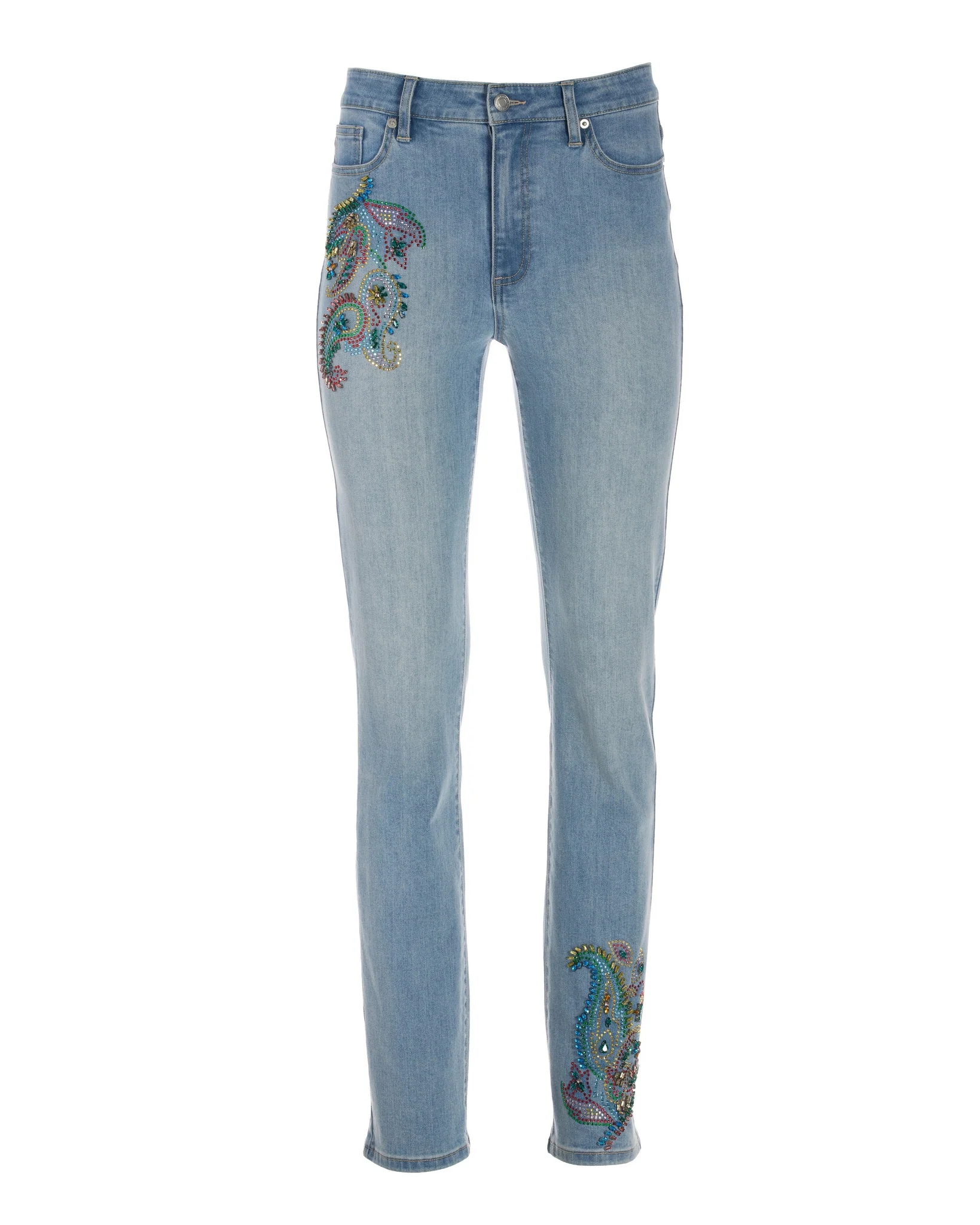 Bright Paisley Embellished Slim Straight-Leg Ankle Jean Light Denim - Mycitystee