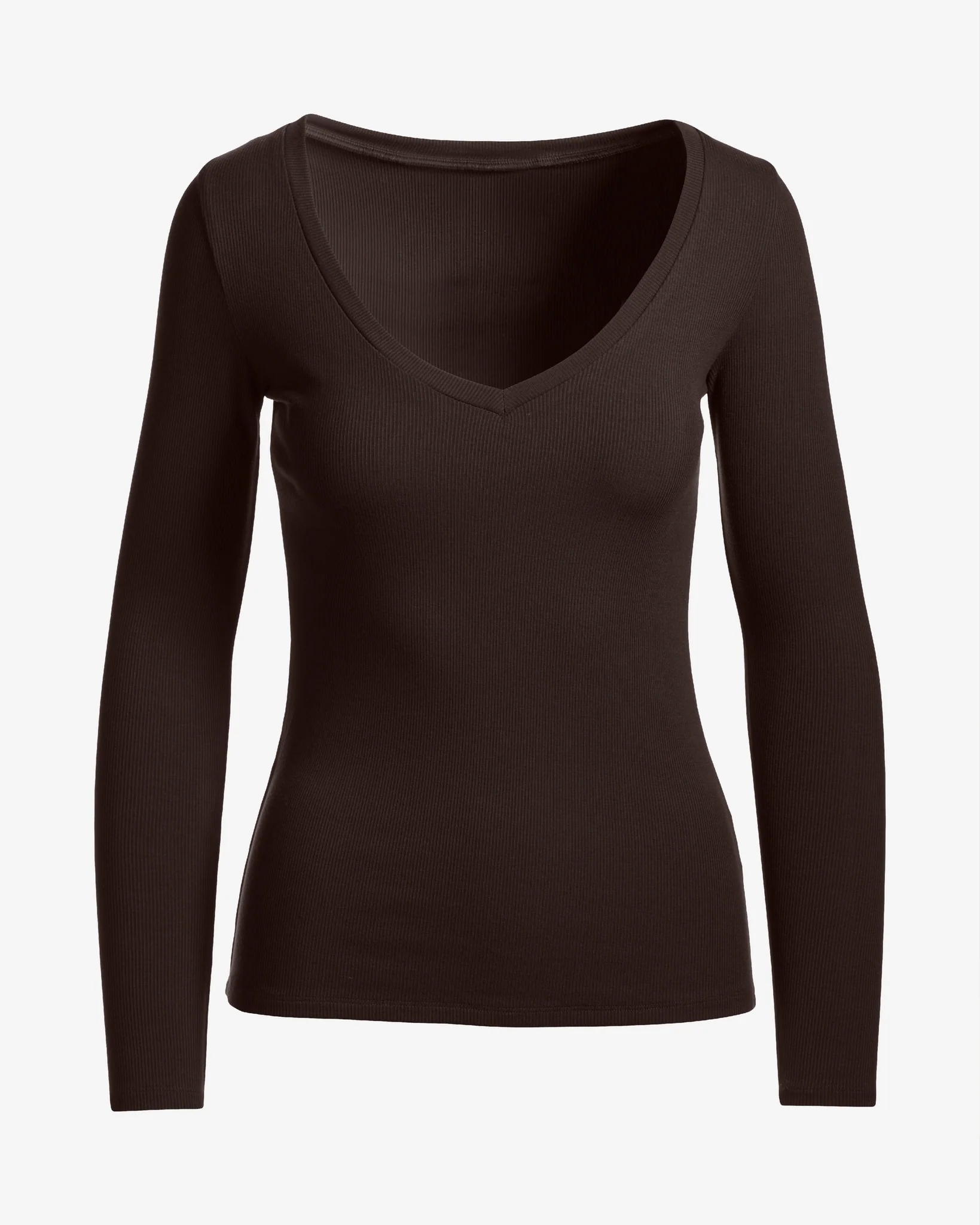 So Essential Ribbed V Neck Long Sleeve Top Chocolate Torte - Mycitystee