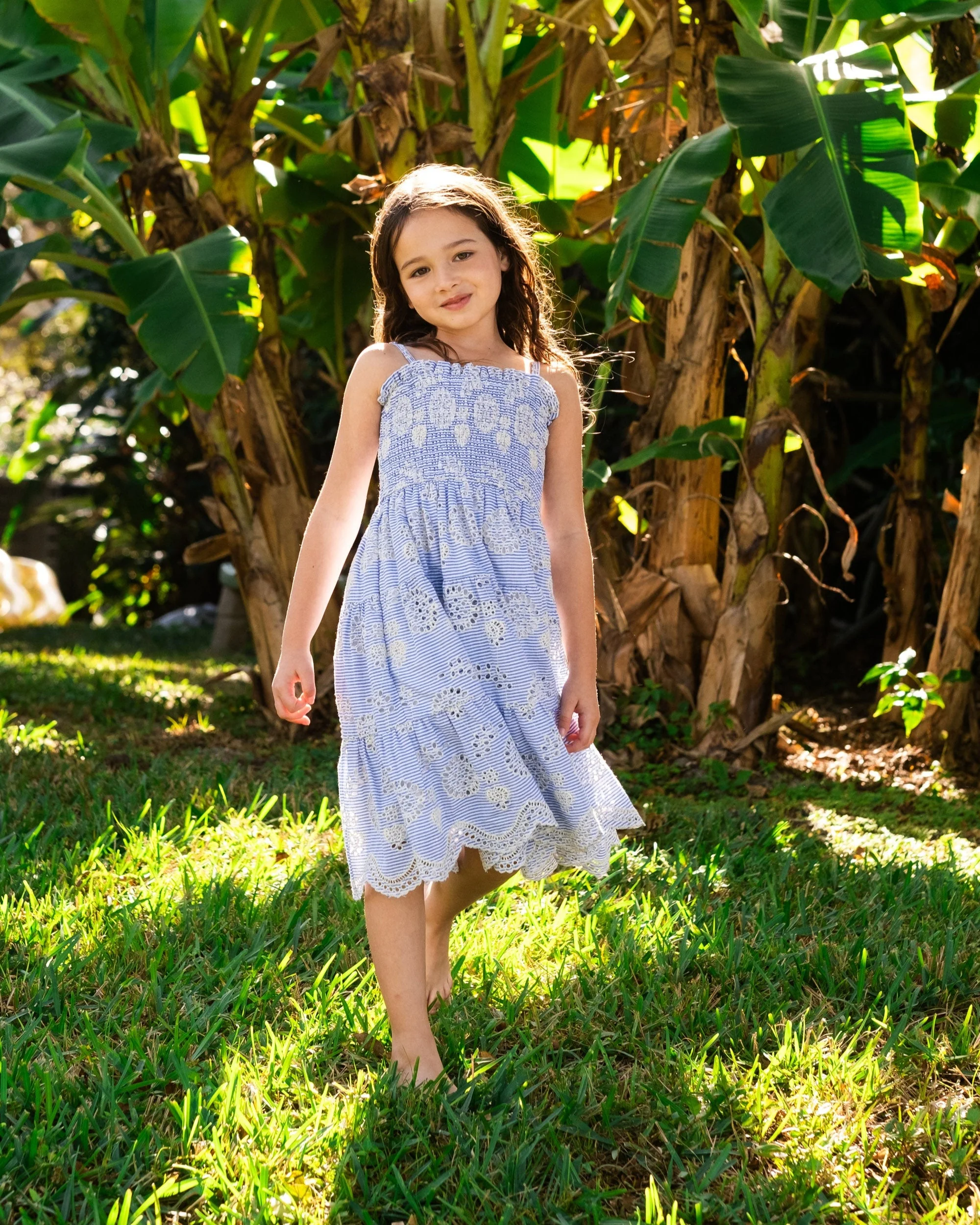 Girls Lila Dress In Sky/Natural Eyelet - Mycitystee