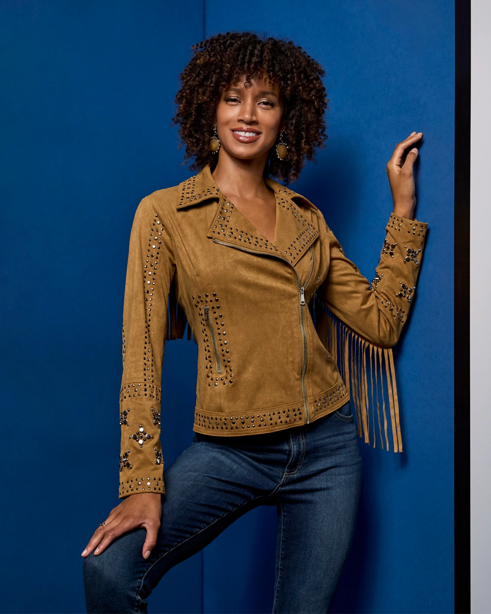 Studded Faux Suede Fringe Moto Jacket Camel - Mycitystee