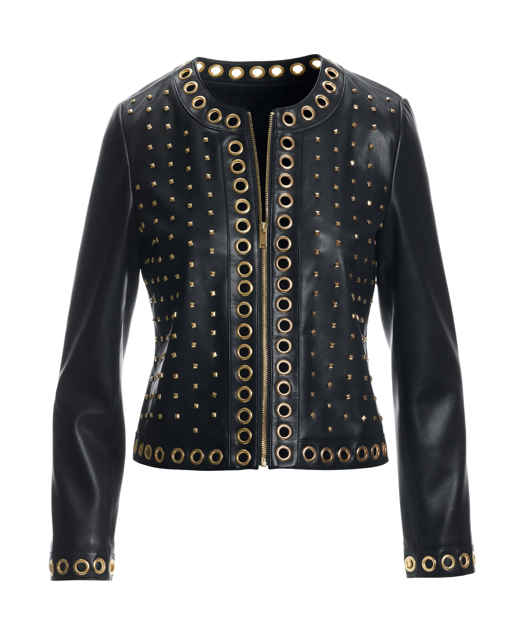 Faux Leather Grommet Collarless Jacket Black - Mycitystee