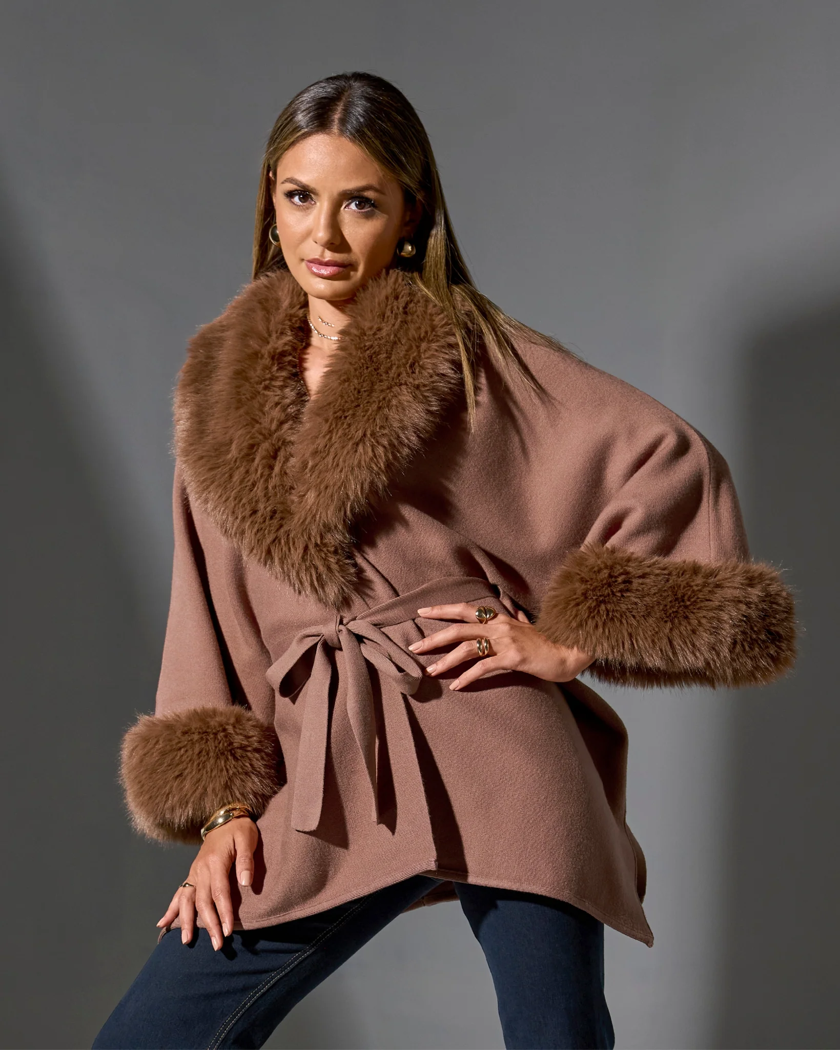 Faux Fur Tie Waist Poncho Toffee - Mycitystee