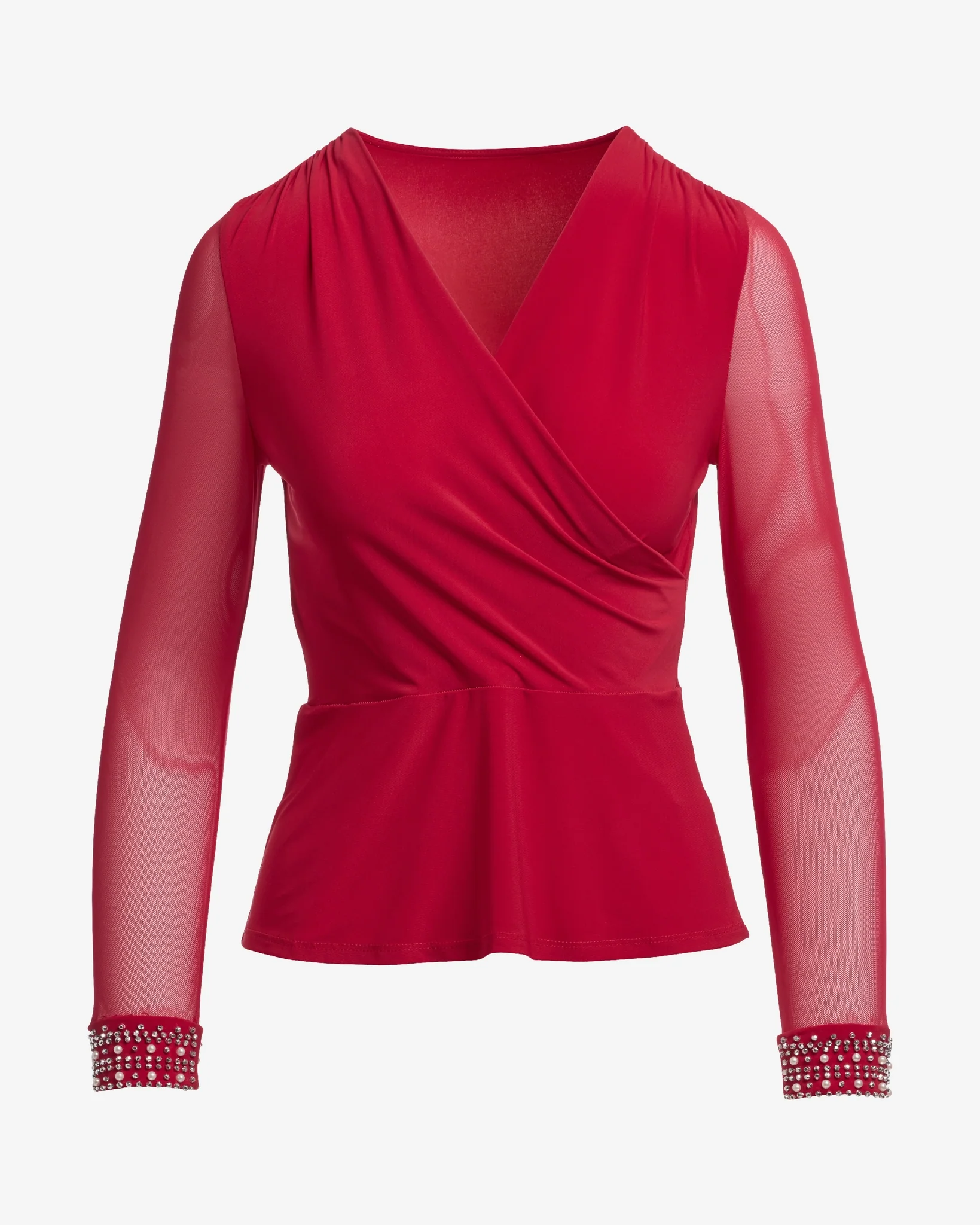 Pearl and Rhinestone Embellished Sleeve Surplice Knit Red - Mycitystee