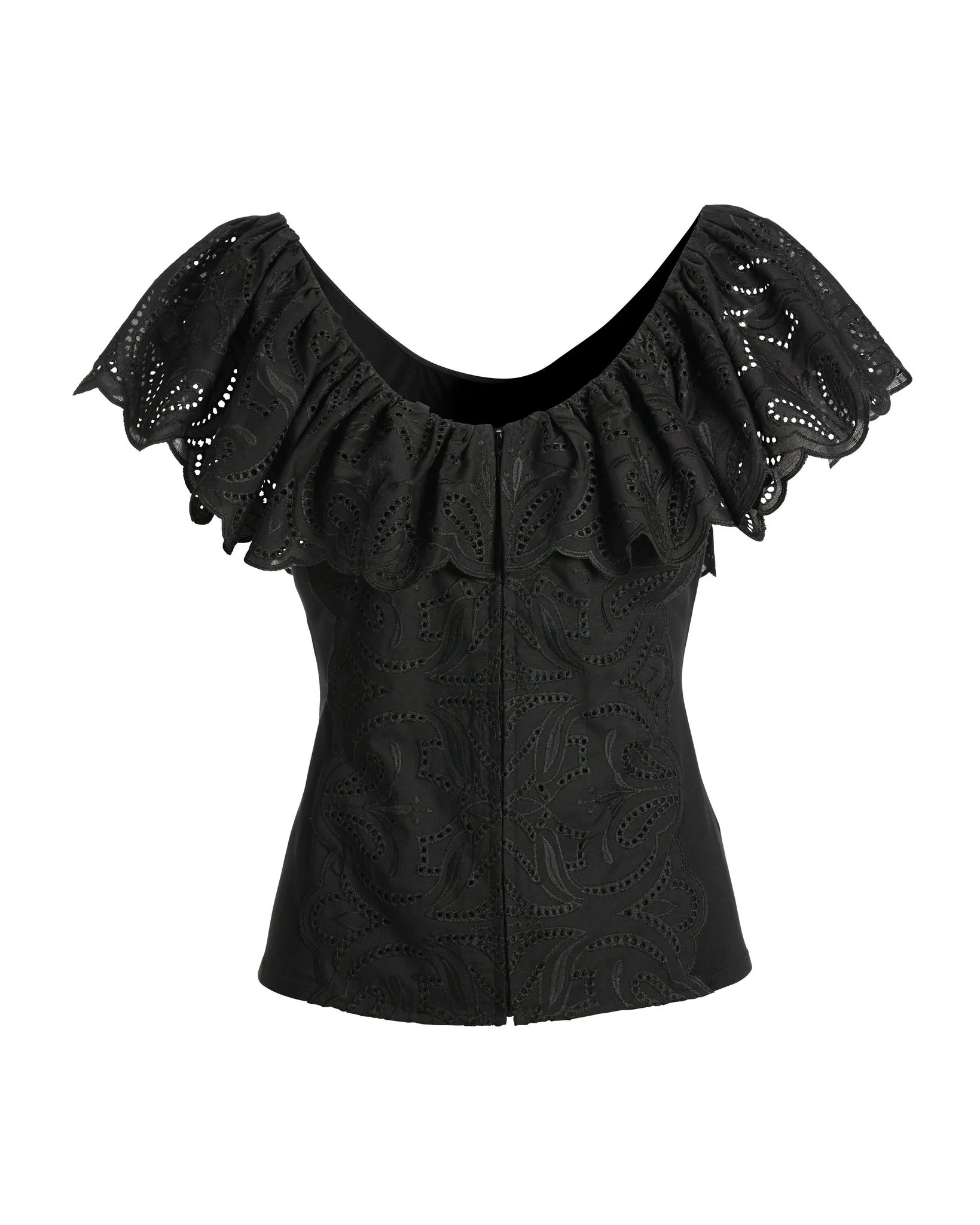 Eyelet Ruffle Zip-Up Top Black - Mycitystee