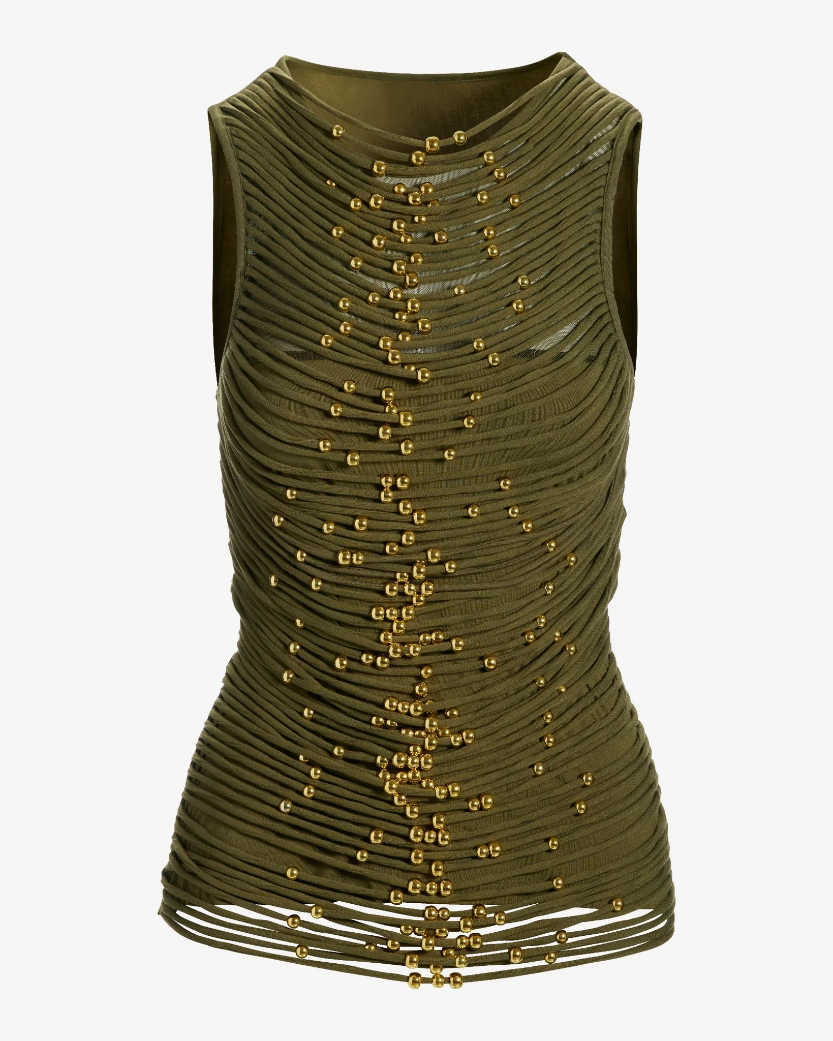 High Neck Beaded Mesh Top Olive Night - Mycitystee