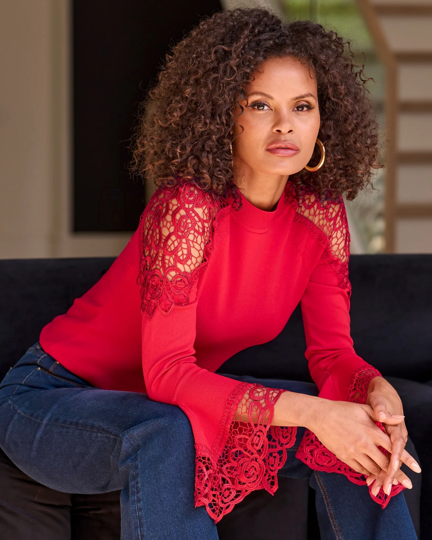 Lace Inset Flare Sleeve Racing Red - Mycitystee