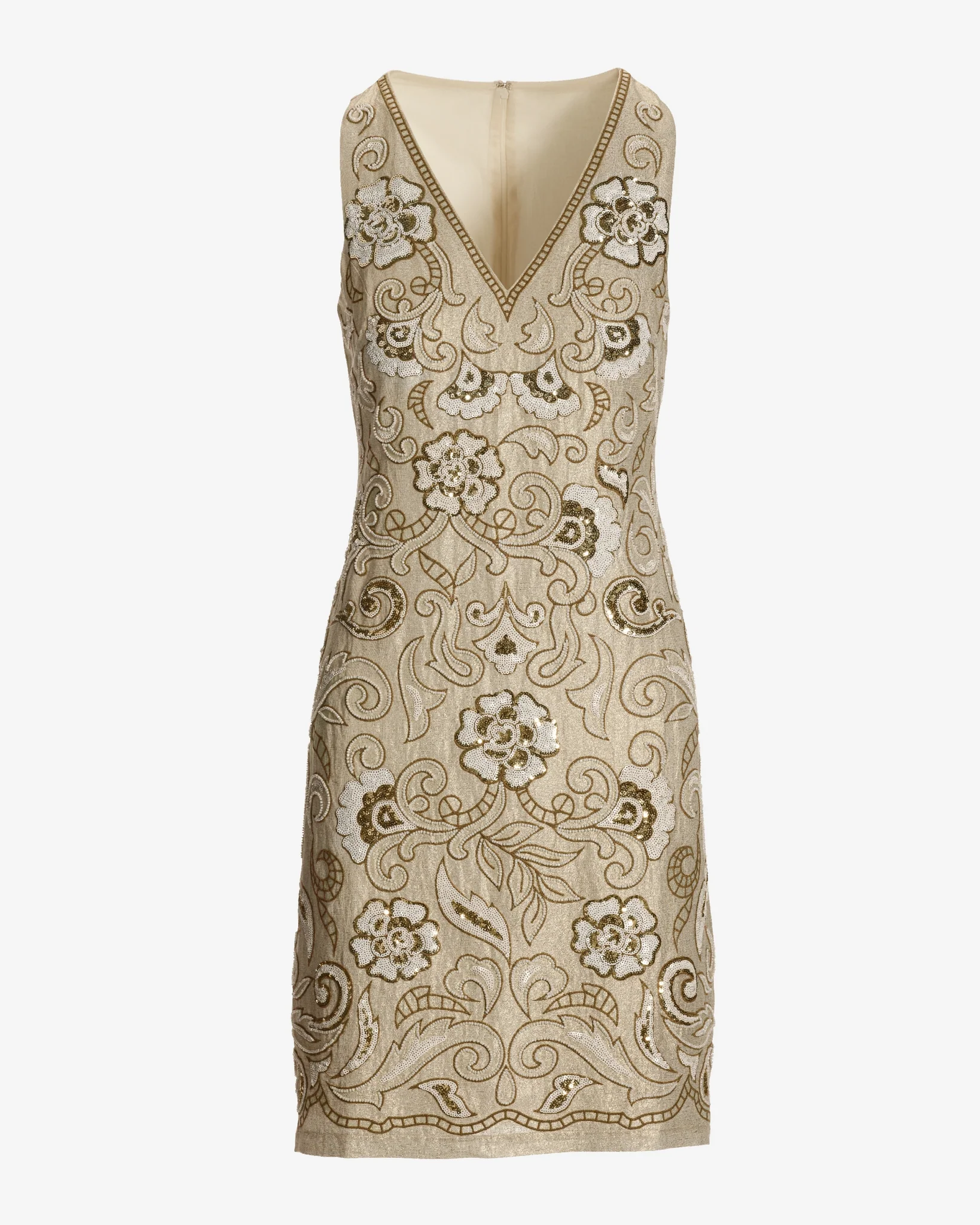 Embroidered and Beaded Shimmer Linen Sheath Dress Tan - Mycitystee