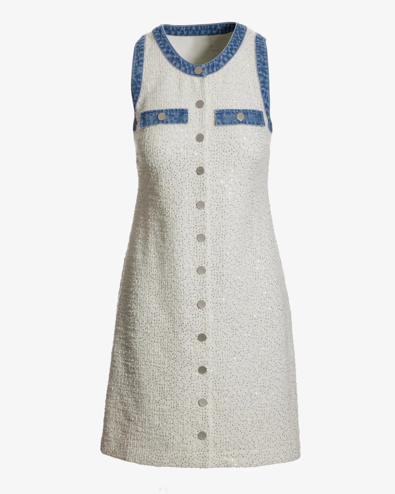 Shimmer Tweed Denim Trim Shift Dress Off White - Mycitystee