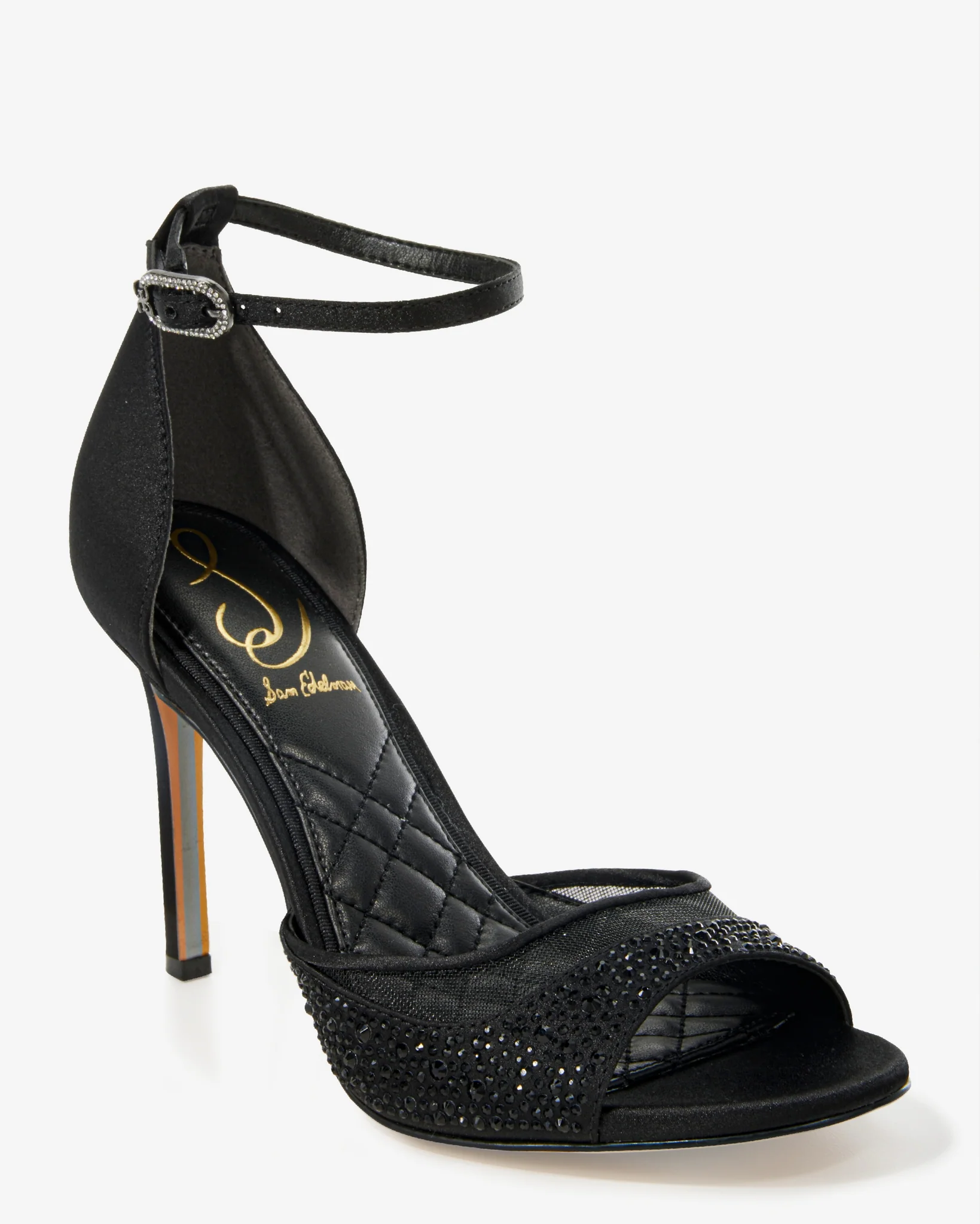 Crystal Embellished Mesh Ankle Strap Heel Black - Mycitystee