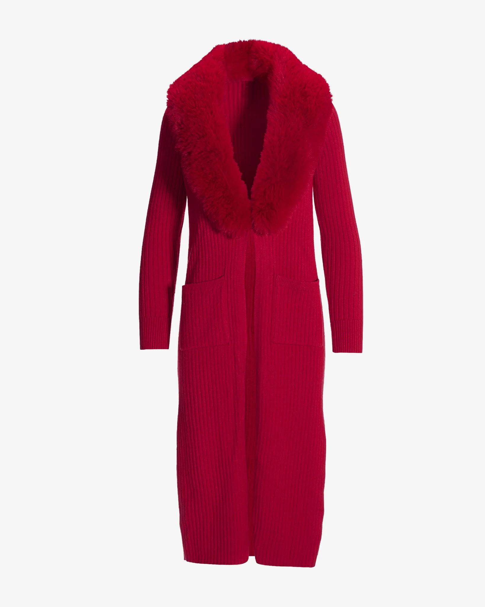 Faux Fur Collar Ribbed Long Cardigan Jester Red - Mycitystee
