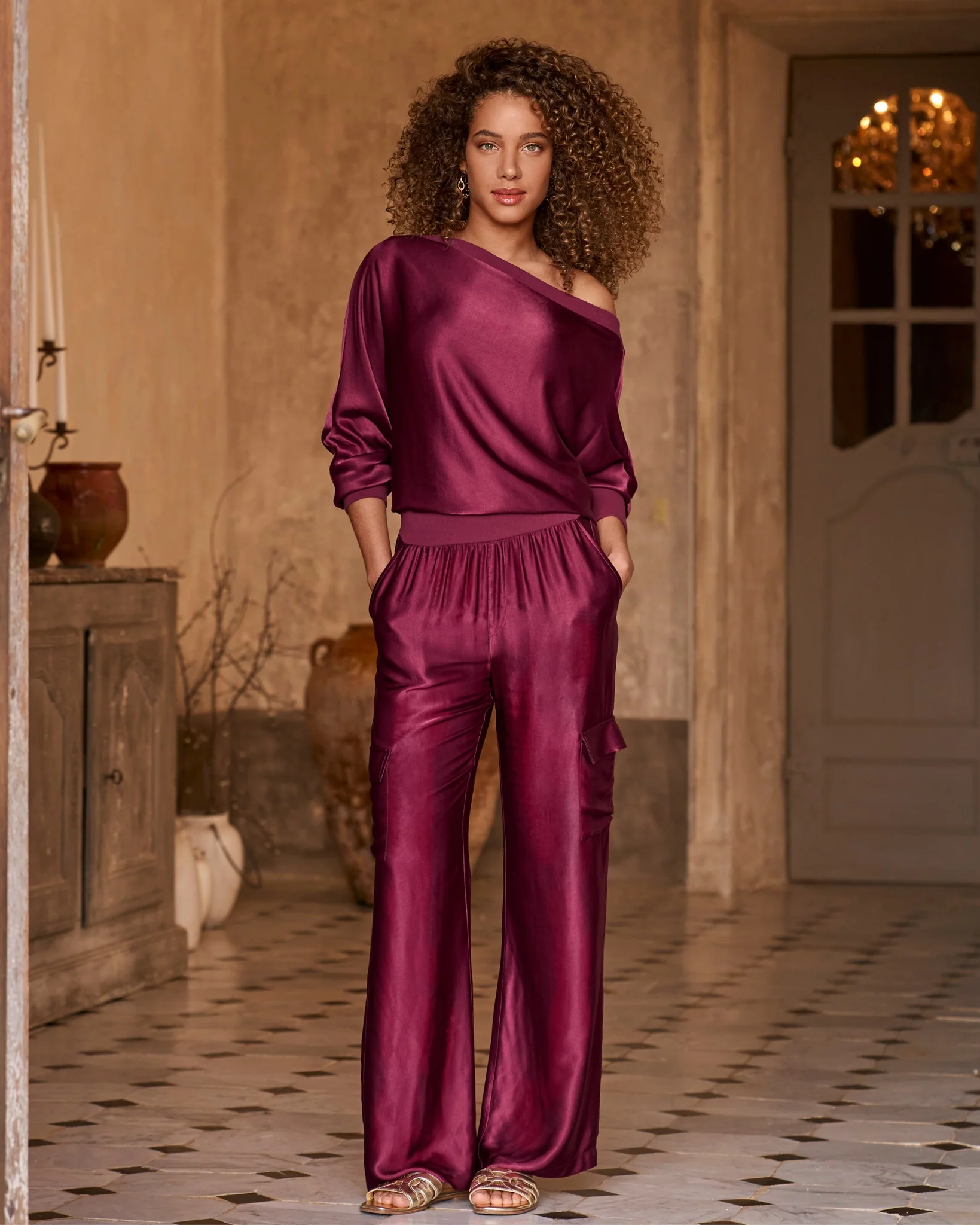 Slouchy Charmeuse Cargo Lounge Set Maroon - Mycitystee