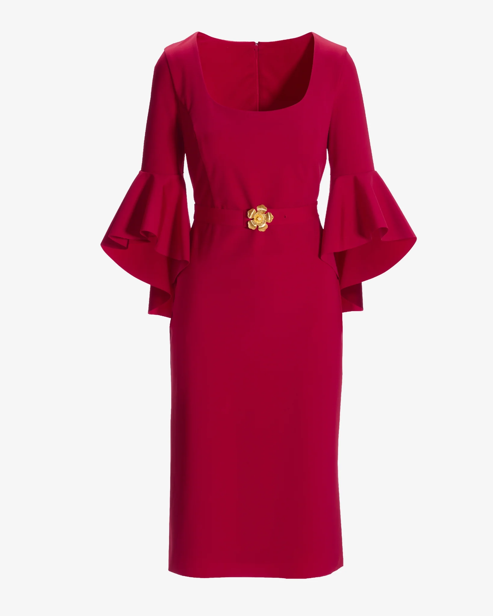 Floral Belt Cascading Sleeve Scoop Neck Column Dress Jester Red - Mycitystee