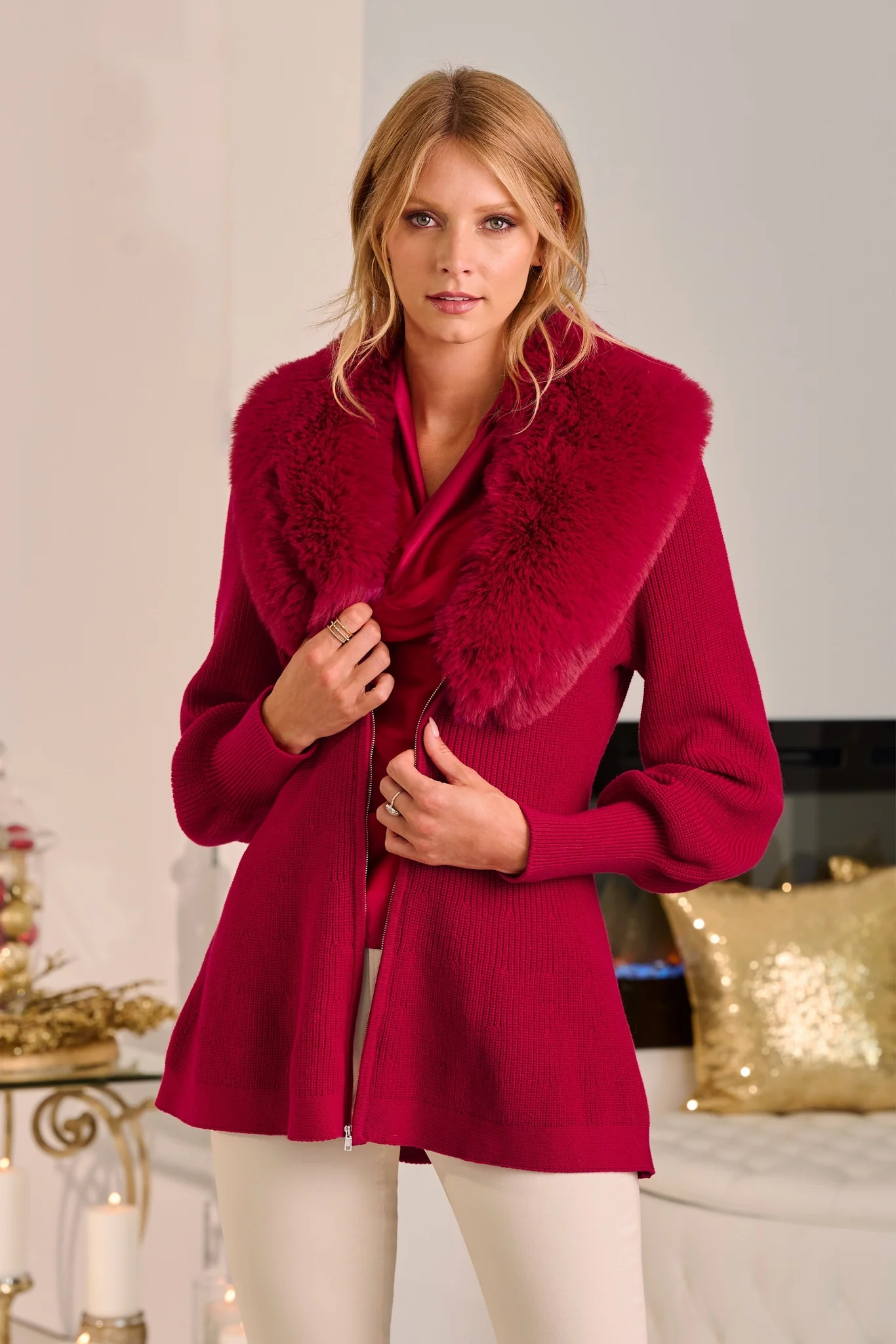 Faux Fur Balloon Sleeve A Line Zip Up Cardigan Jester Red - Mycitystee