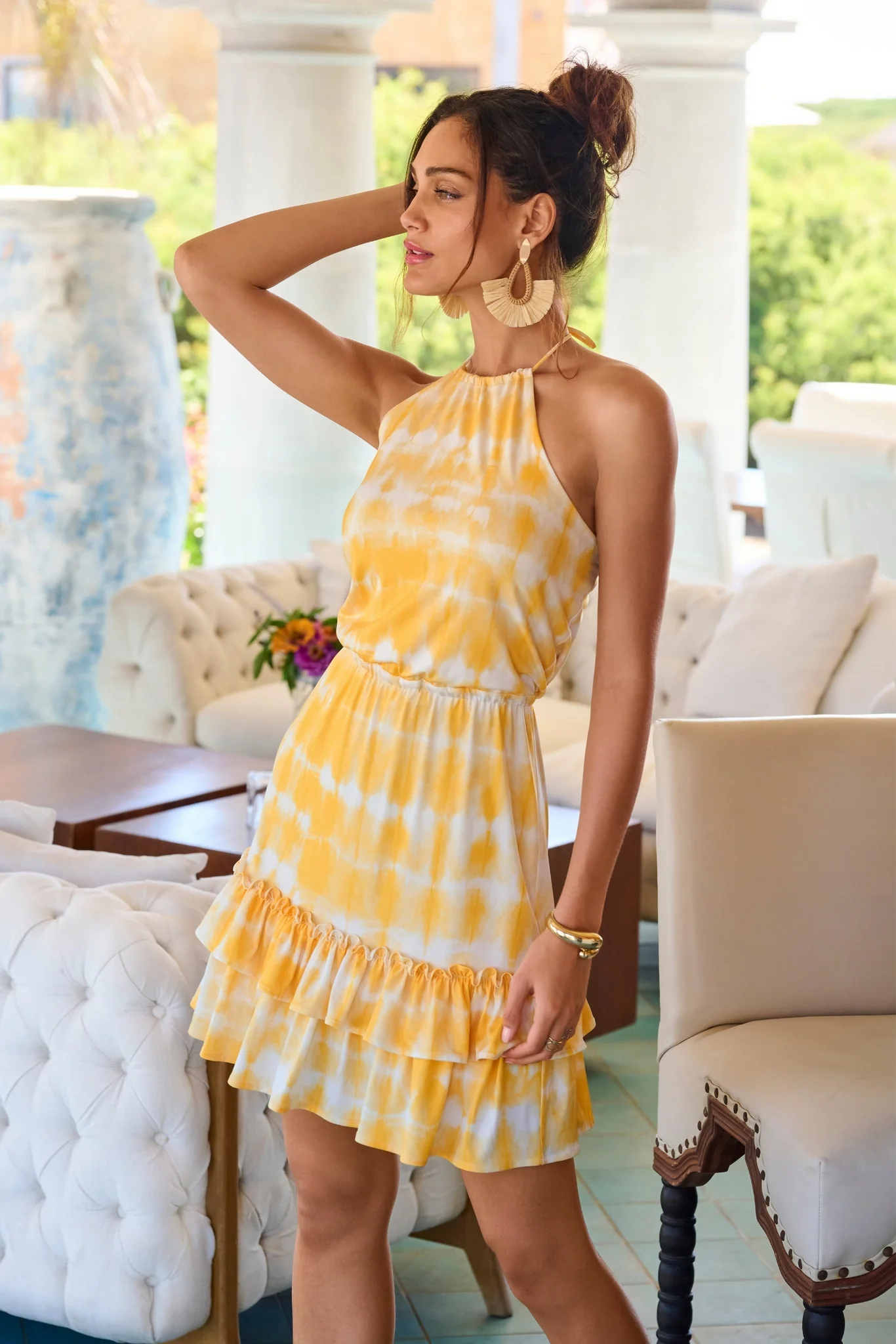 Golden Dye Print Cinch-Waist Ruffle Dress Yellow - Mycitystee