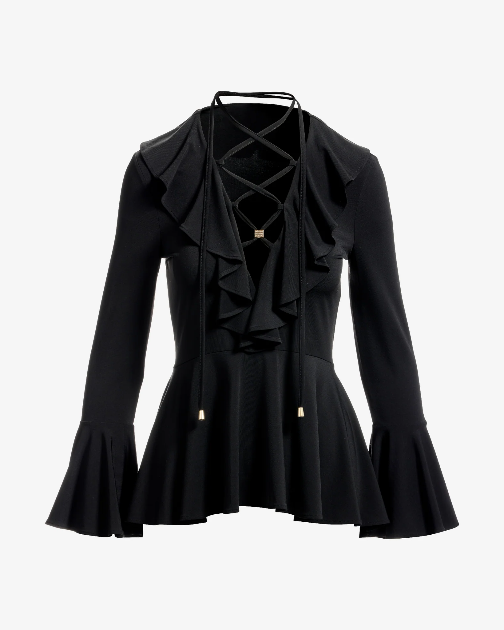 Ruffle Lace Up V Neck Knit Top Proper Black - Mycitystee