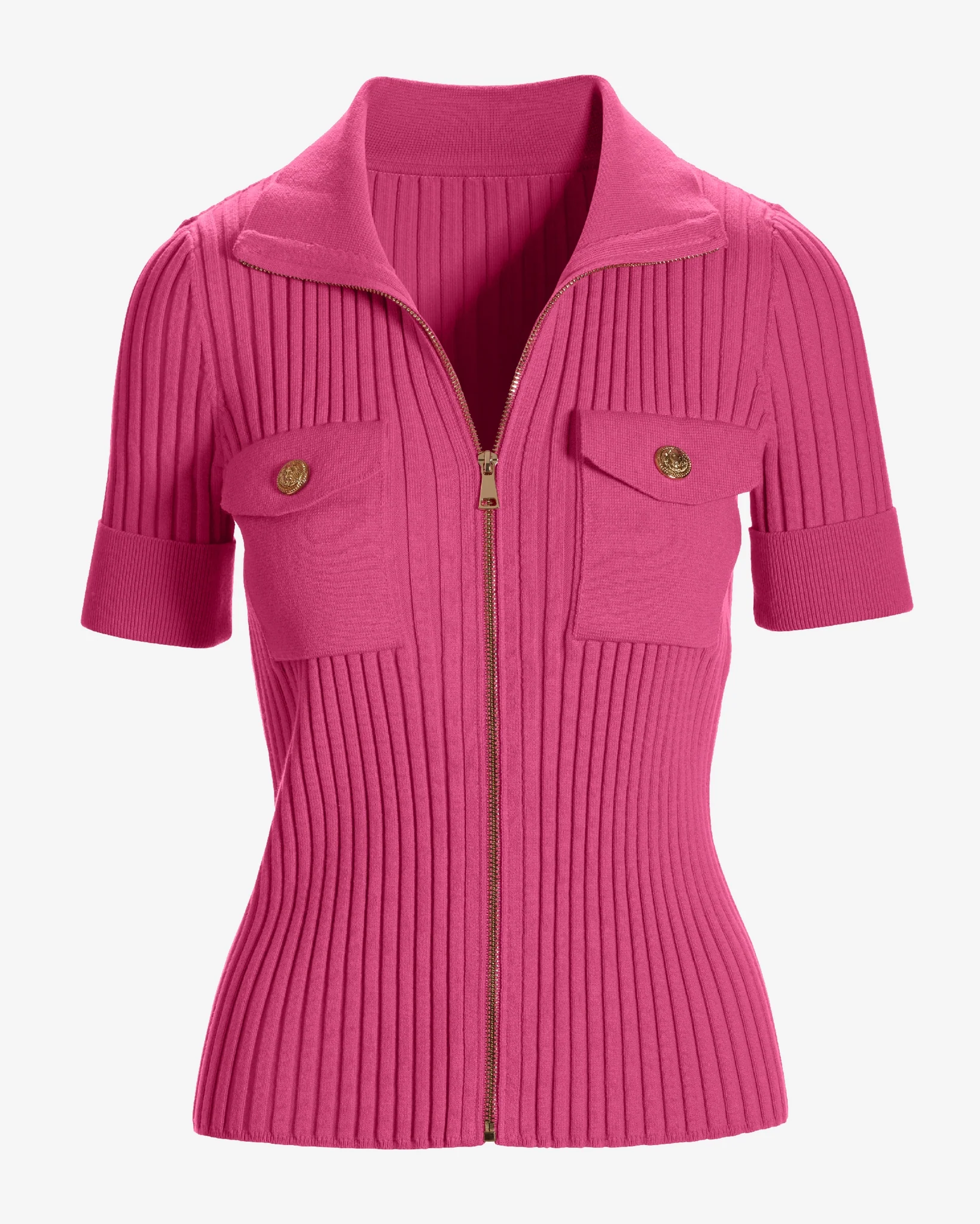 Wide Rib Zip Up Sweater Top Shocking Pink - Mycitystee