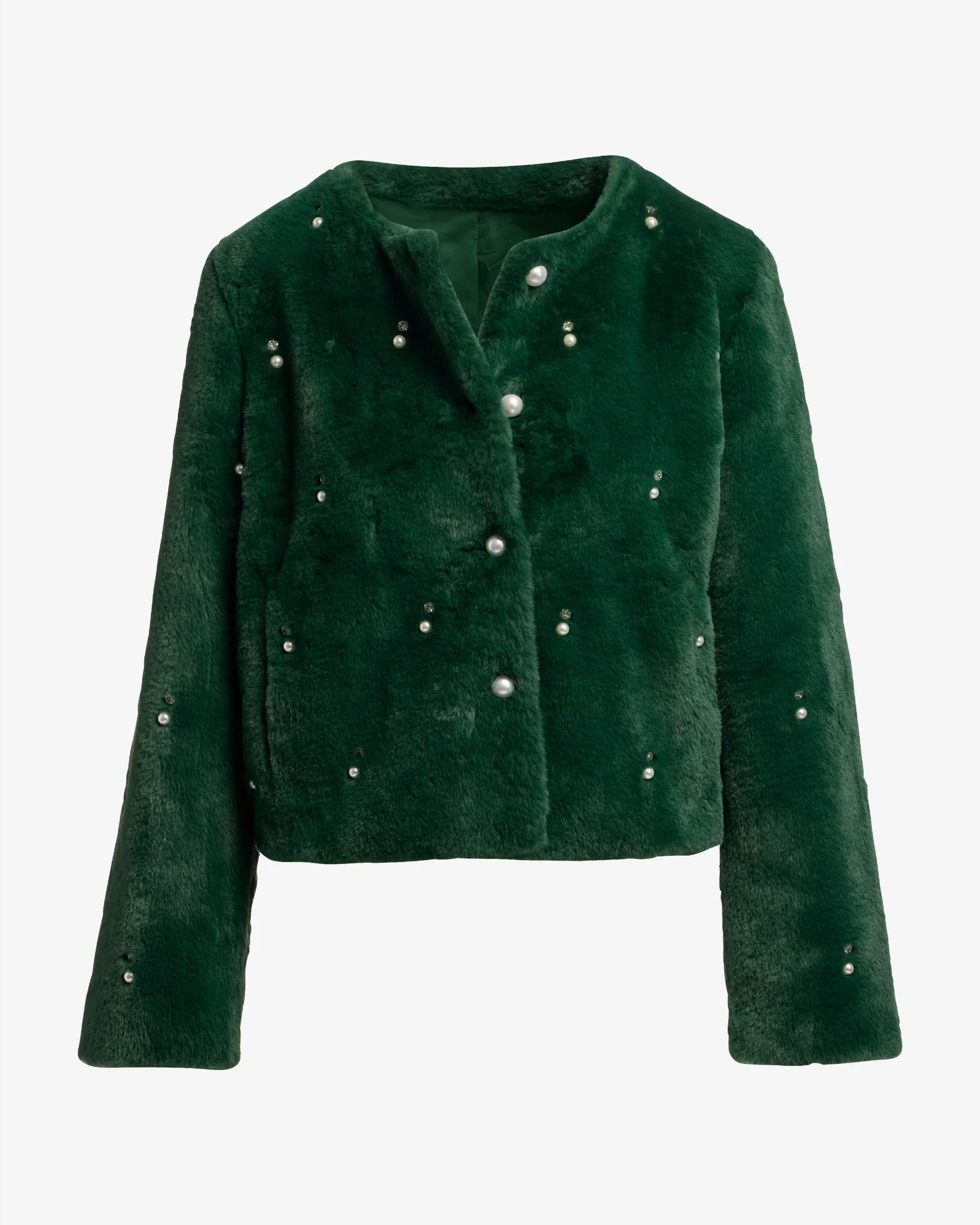 Pearl Embellished Faux Fur Collarless Chubby Emerald - Mycitystee