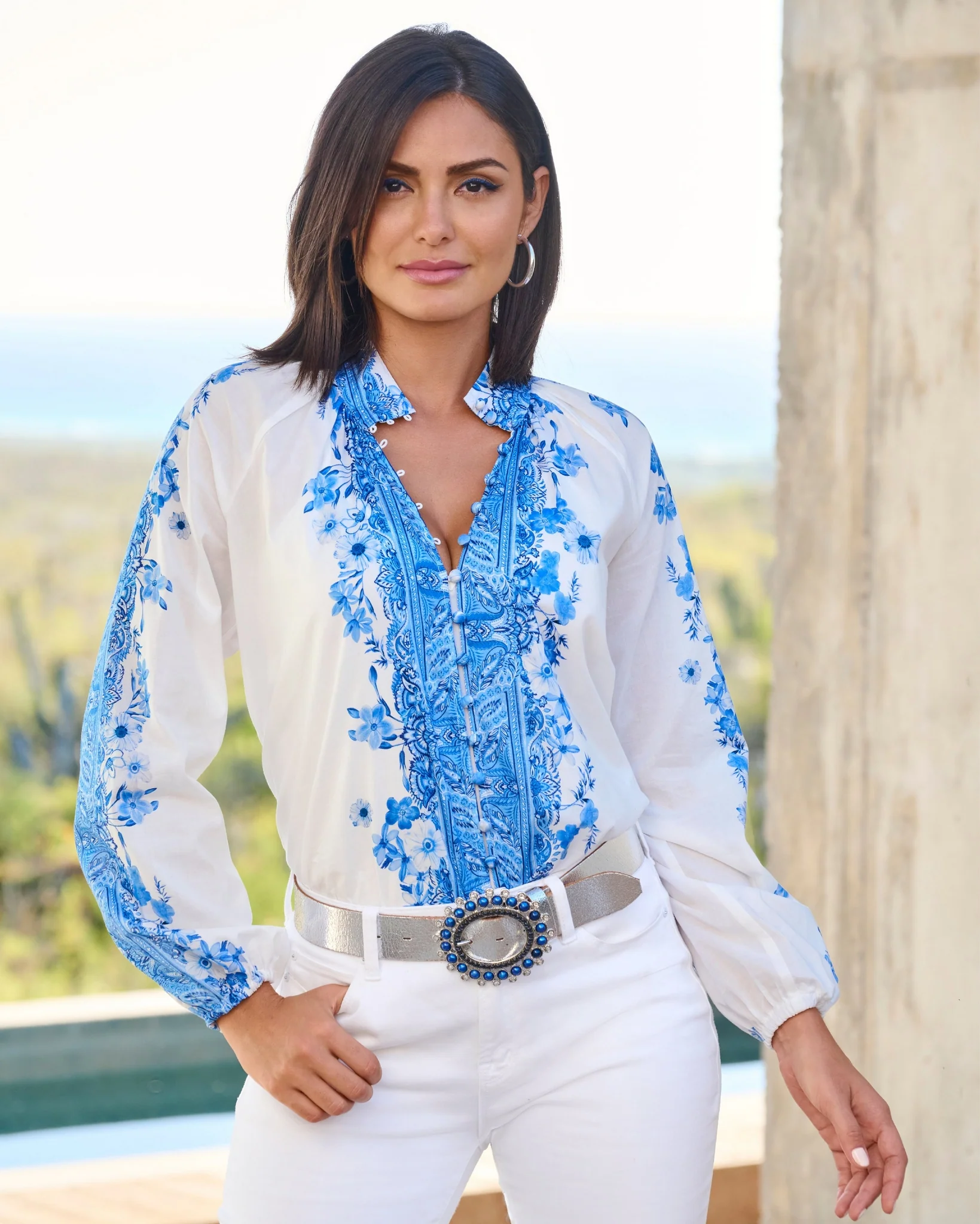 Wildflower Blues Print Balloon-Sleeve Peasant Shirt Blue - Mycitystee