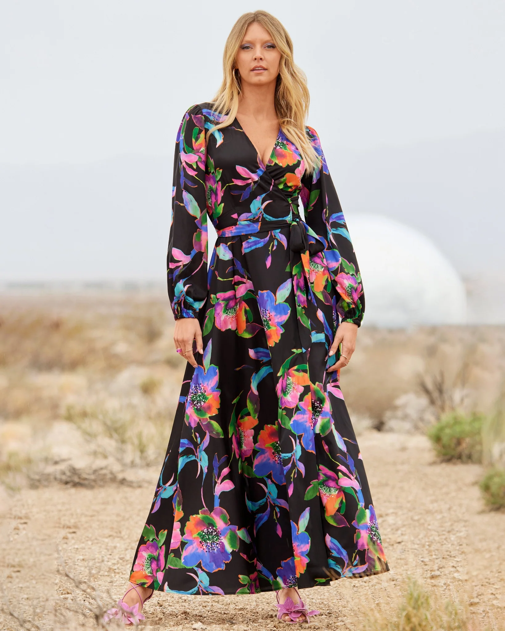 Exploded Garden Print Charmeuse Wrap Maxi Dress Black multi - Mycitystee