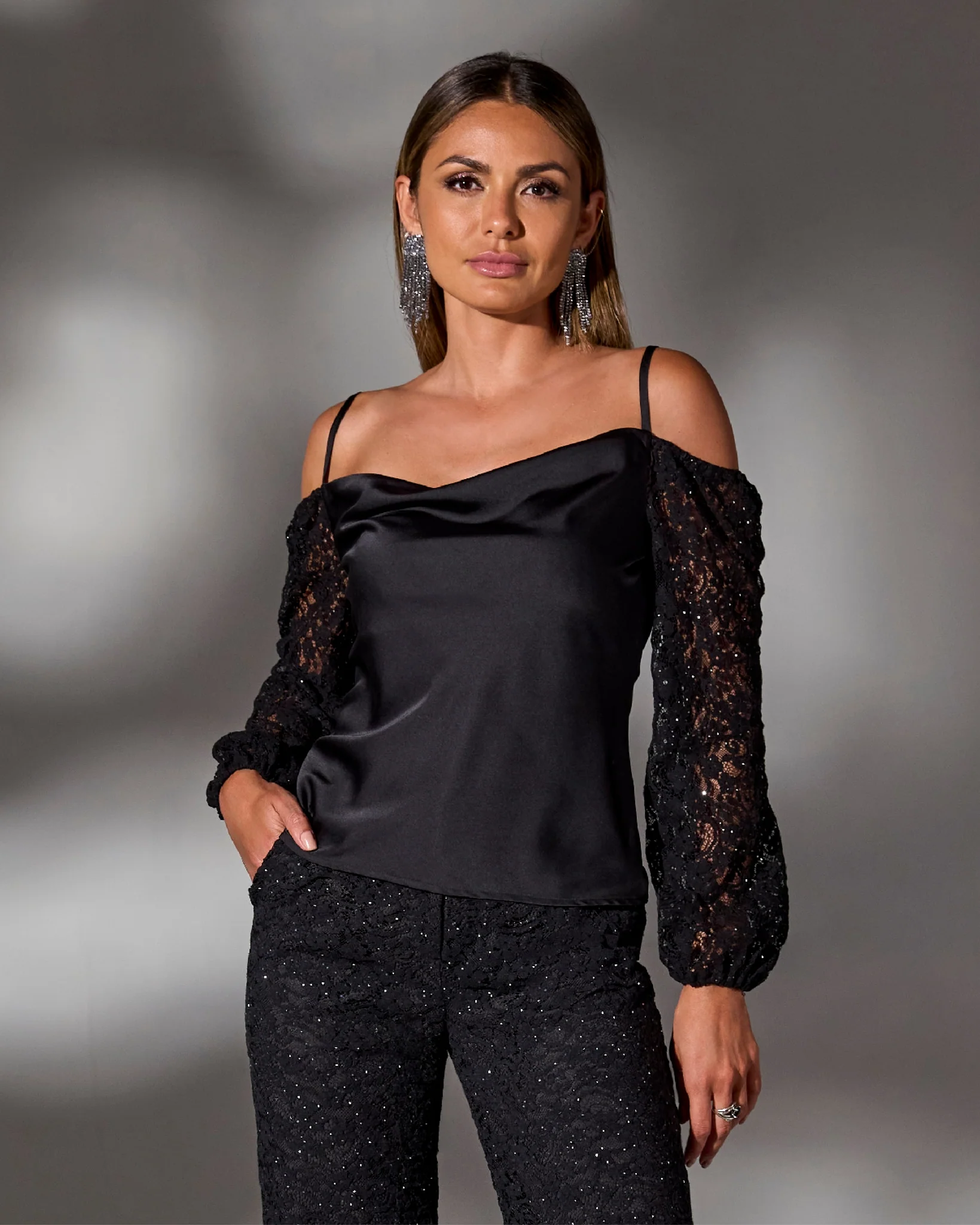 Cold Shoulder Lace Balloon Sleeve Black - Mycitystee