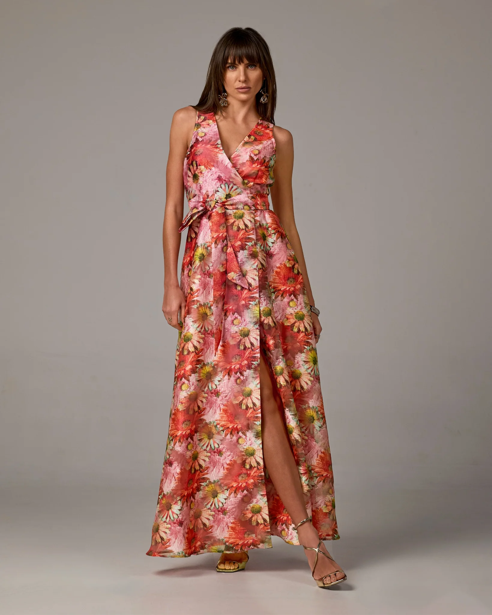 Floral Print Organza Sleeveless Gown Pink Multi - Mycitystee