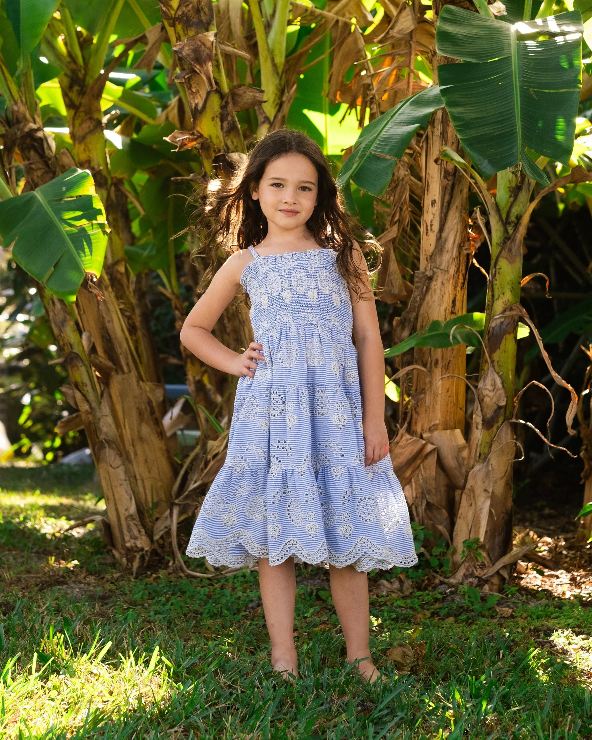 Girls Lila Dress In Sky/Natural Eyelet - Mycitystee