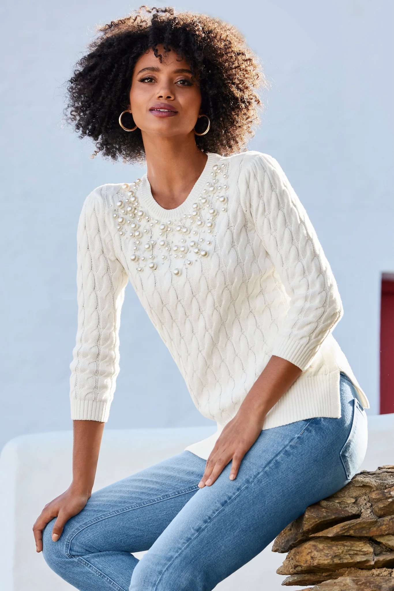 Pearl Embellished Cable Sweater Off White - Mycitystee