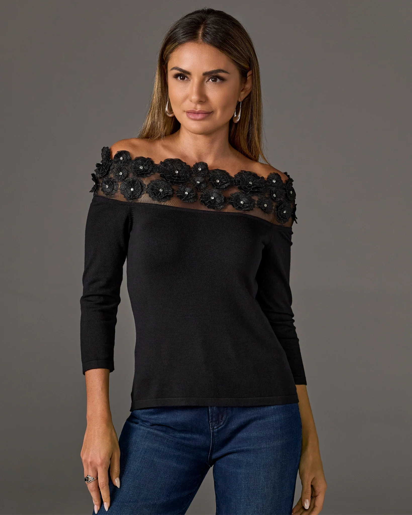 Floral Embellished Off the Shoulder Sweater Black - Mycitystee