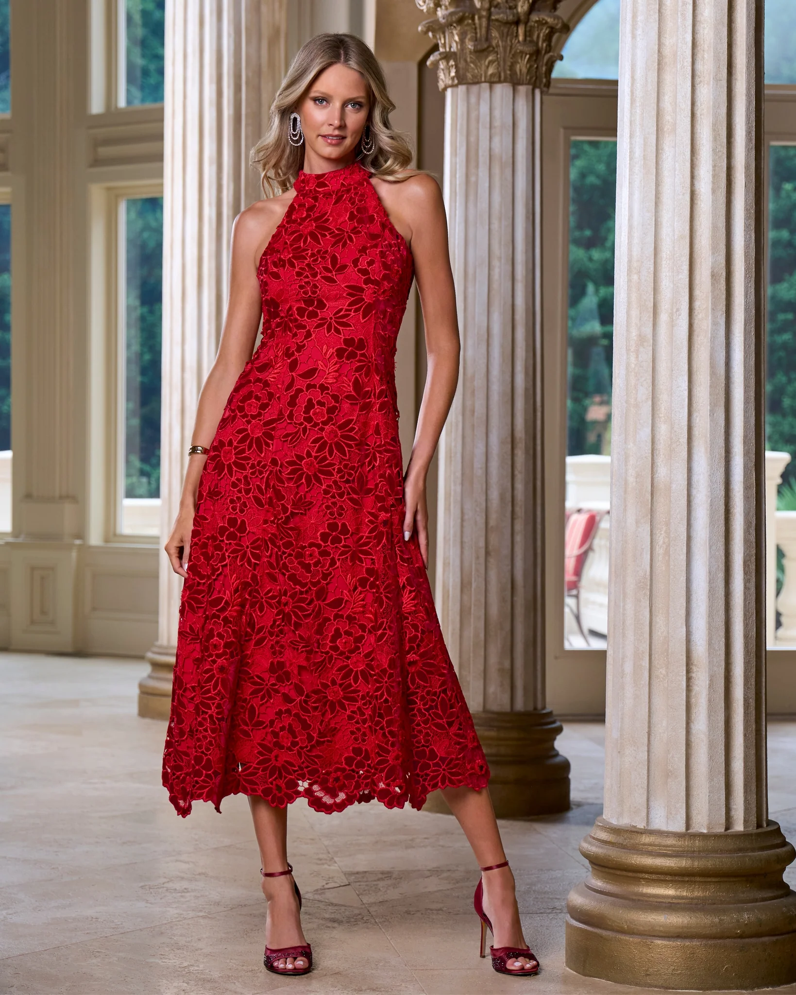 Mock Neck Velvet Lace Midi Dress Racing Red - Mycitystee